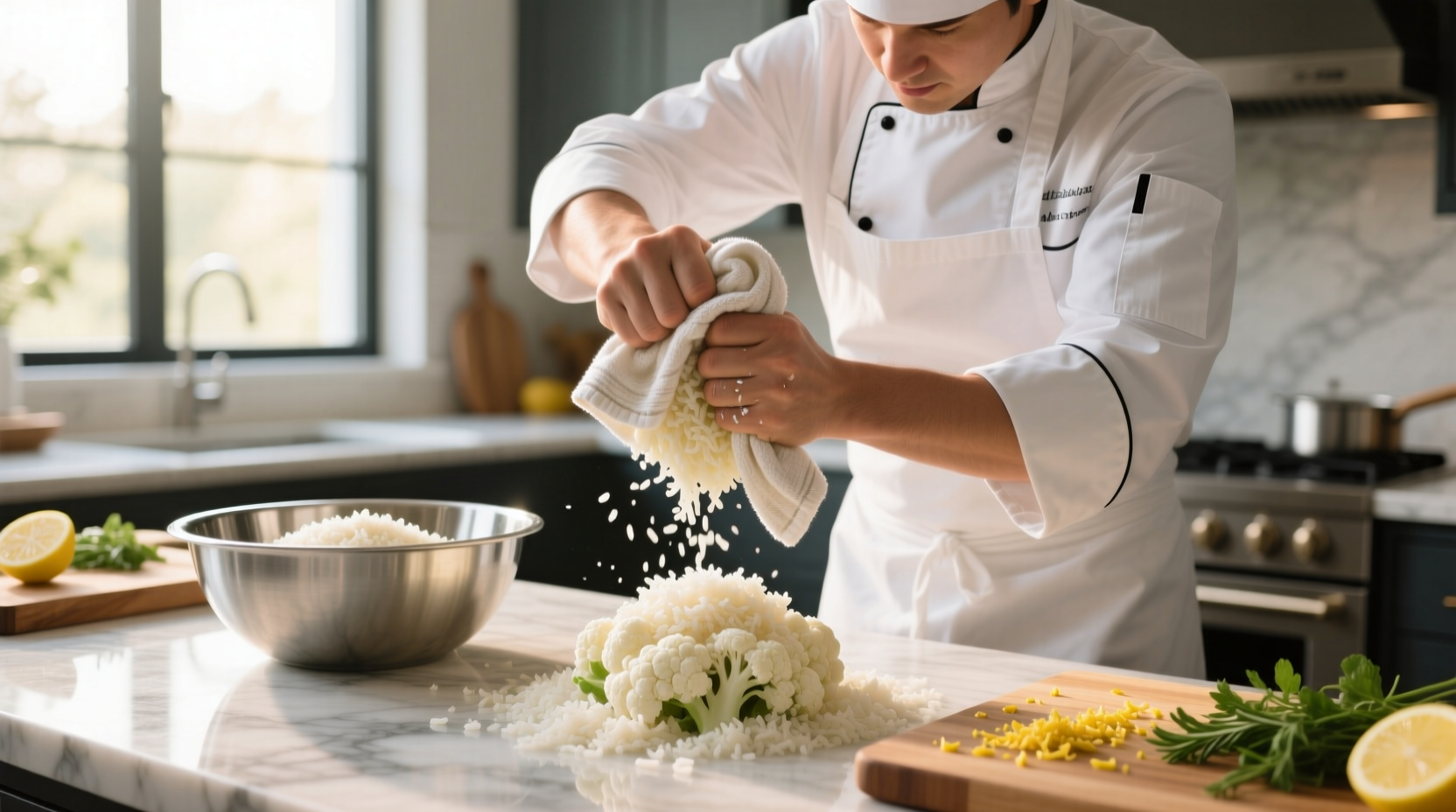Chef squeezing moisture from cauliflower rice in kitchen towel