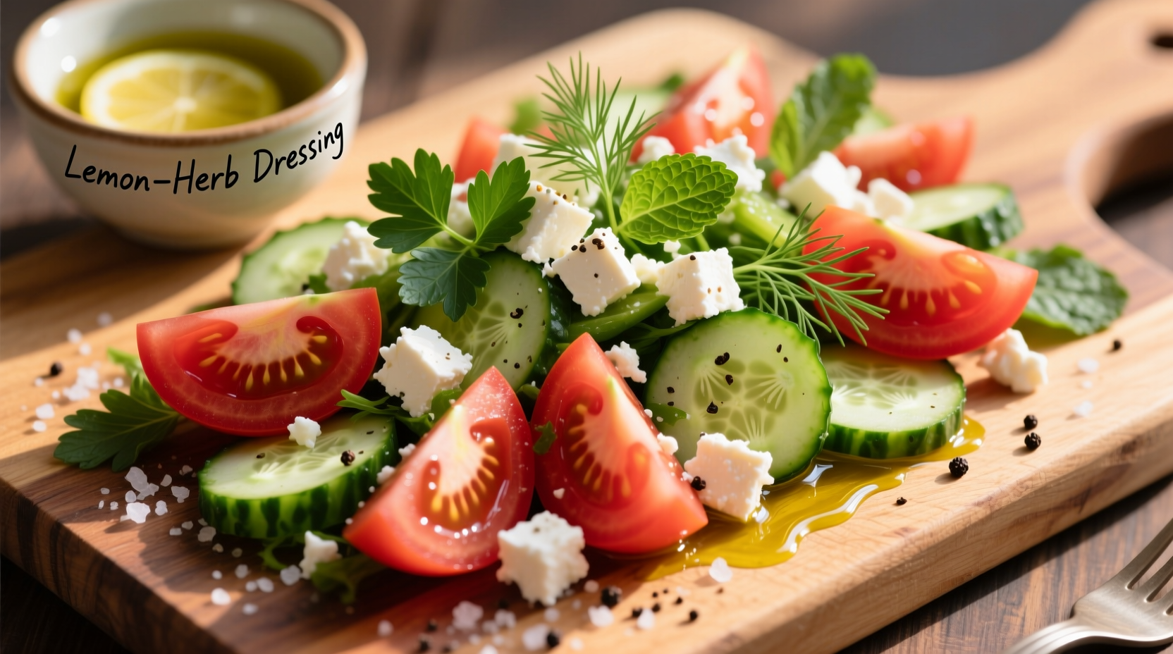 Fresh tomato cucumber salad with feta and herbs