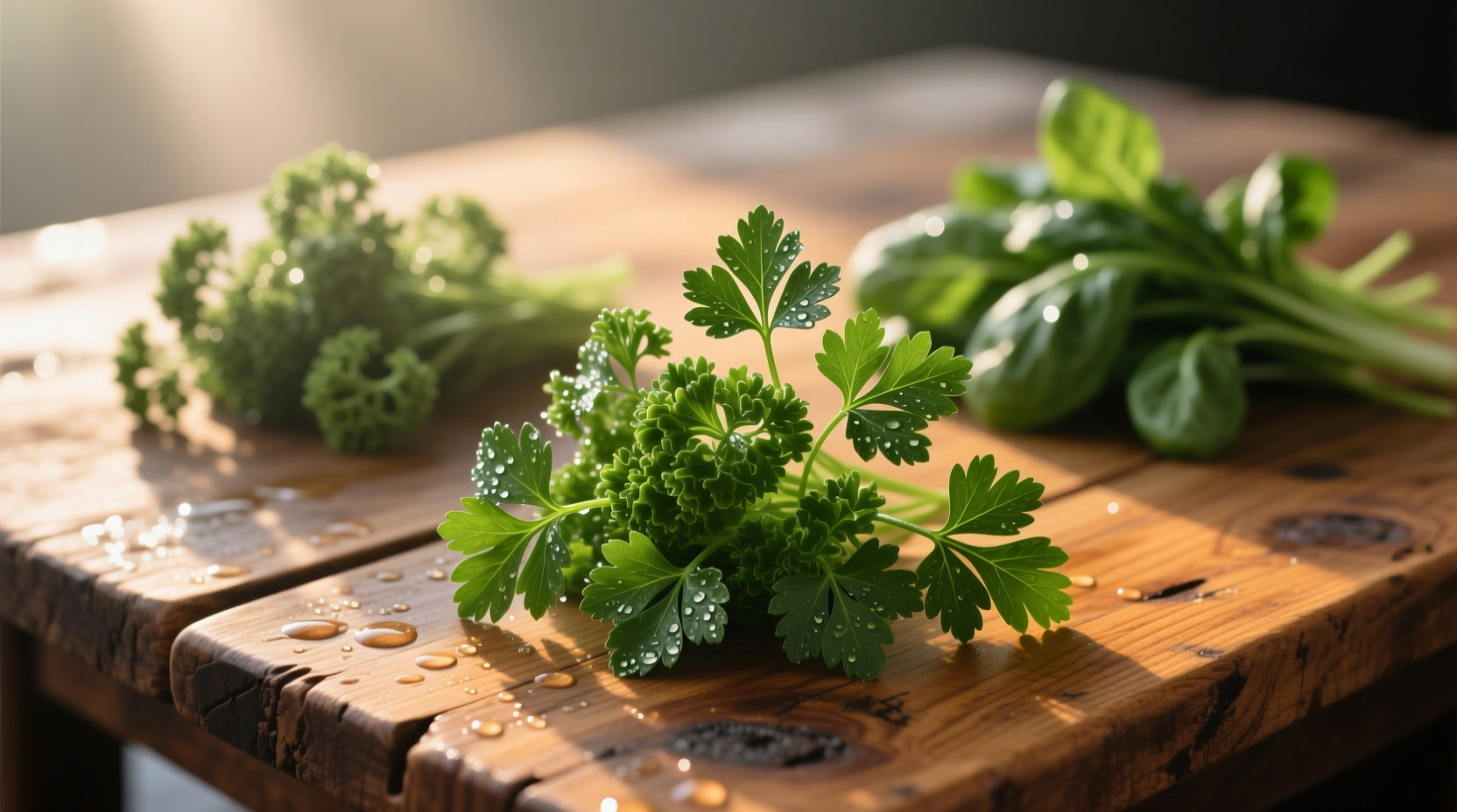 Three varieties of fresh parsley on wooden table