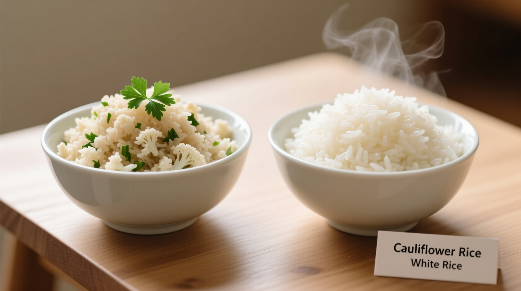 Cauliflower rice compared to white rice in two bowls