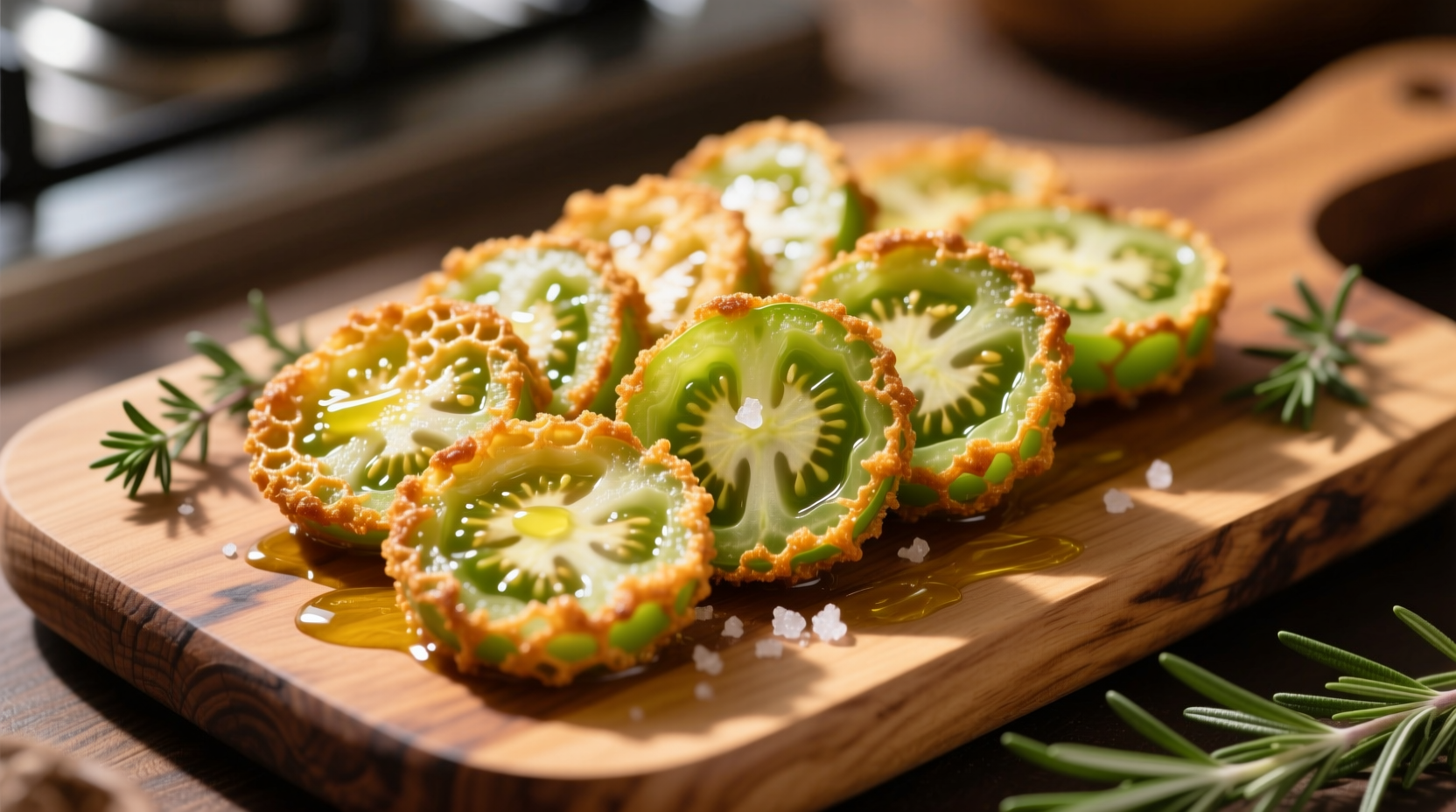 Golden fried green tomato slices on wooden board