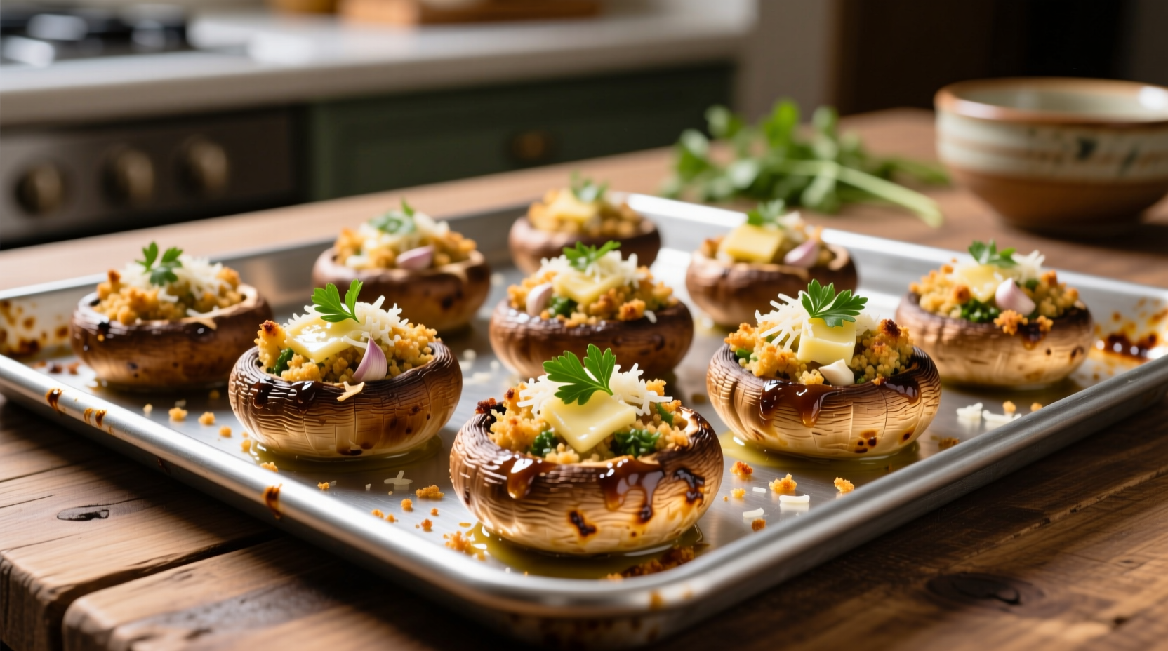 Golden brown stuffed mushrooms on baking sheet