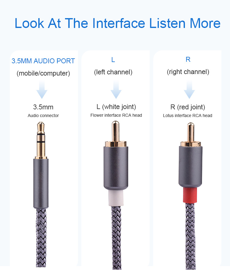 Colorful Stereo Jack Cables Braided Black 2 Rca 3.5 Mm Digital To Male Car Audio 3.5mm Aux Cable