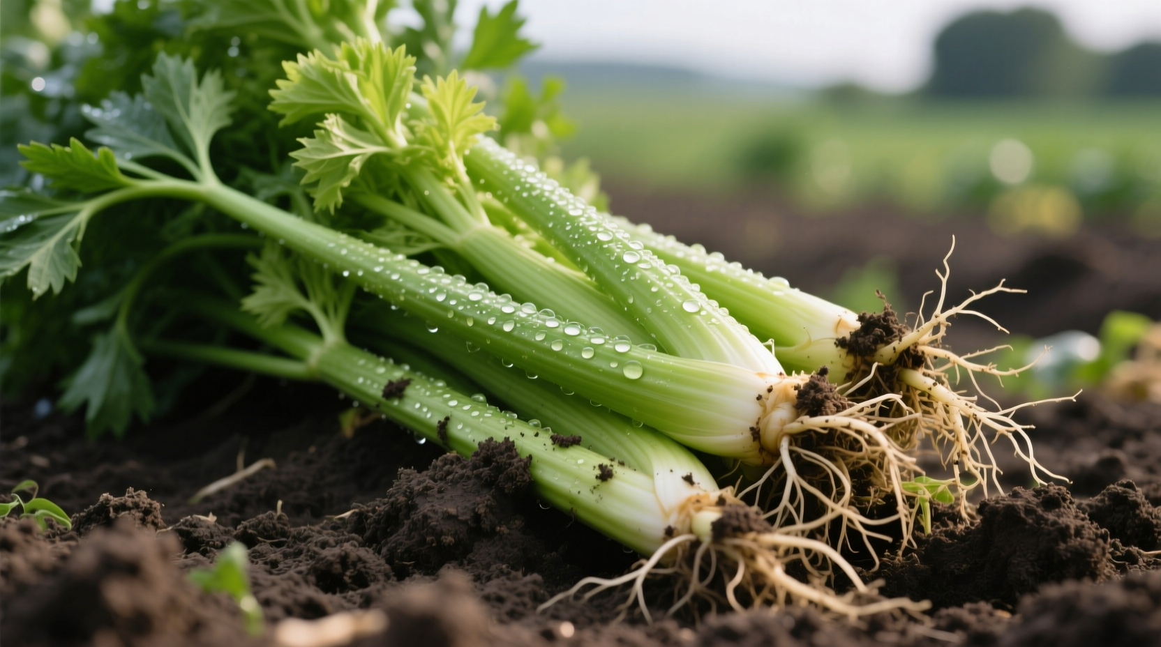 Close-up of freshly harvested celery stalks with soil