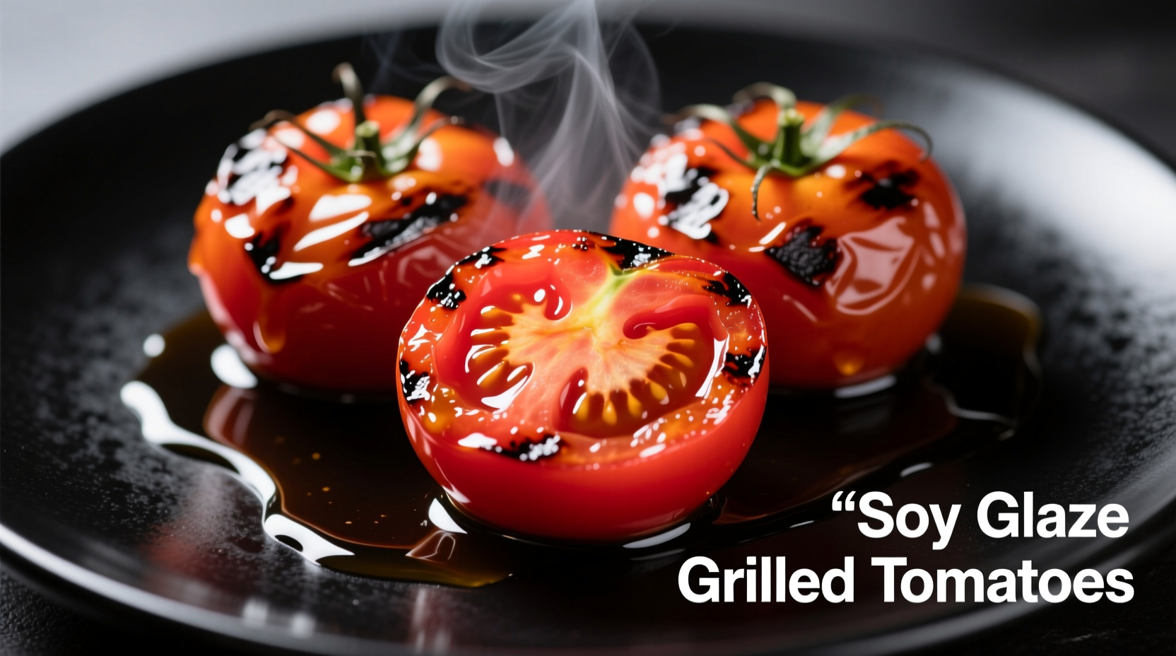Grilled tomatoes with soy glaze on black plate