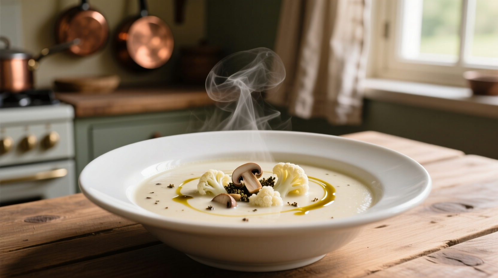 Creamy cauliflower mushroom soup in white bowl