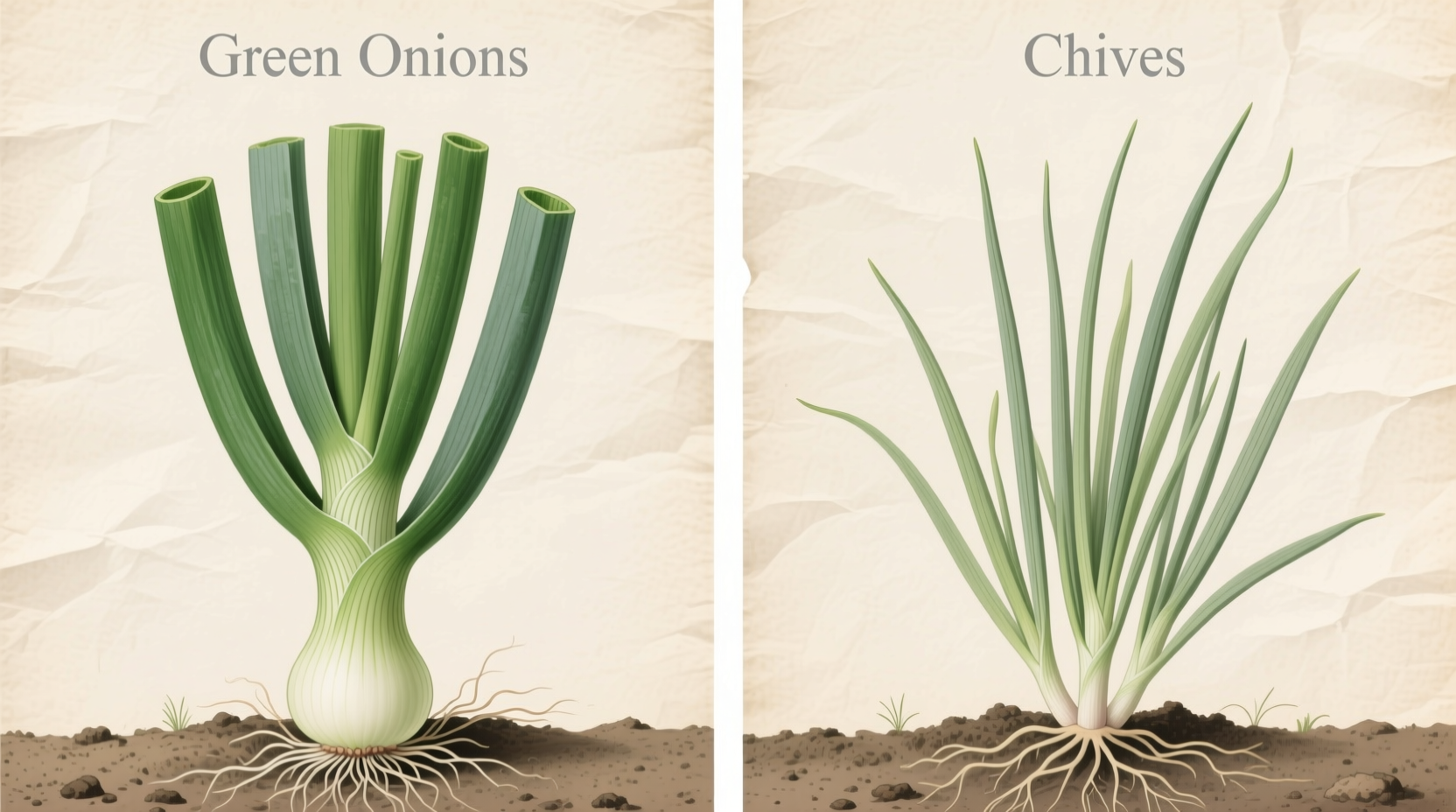 Green onions and chives side-by-side comparison