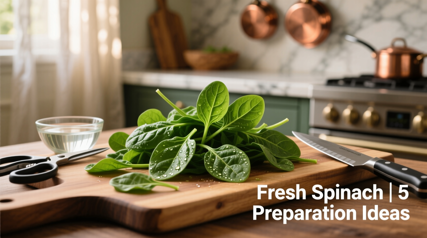 Fresh spinach leaves with cooking preparation options