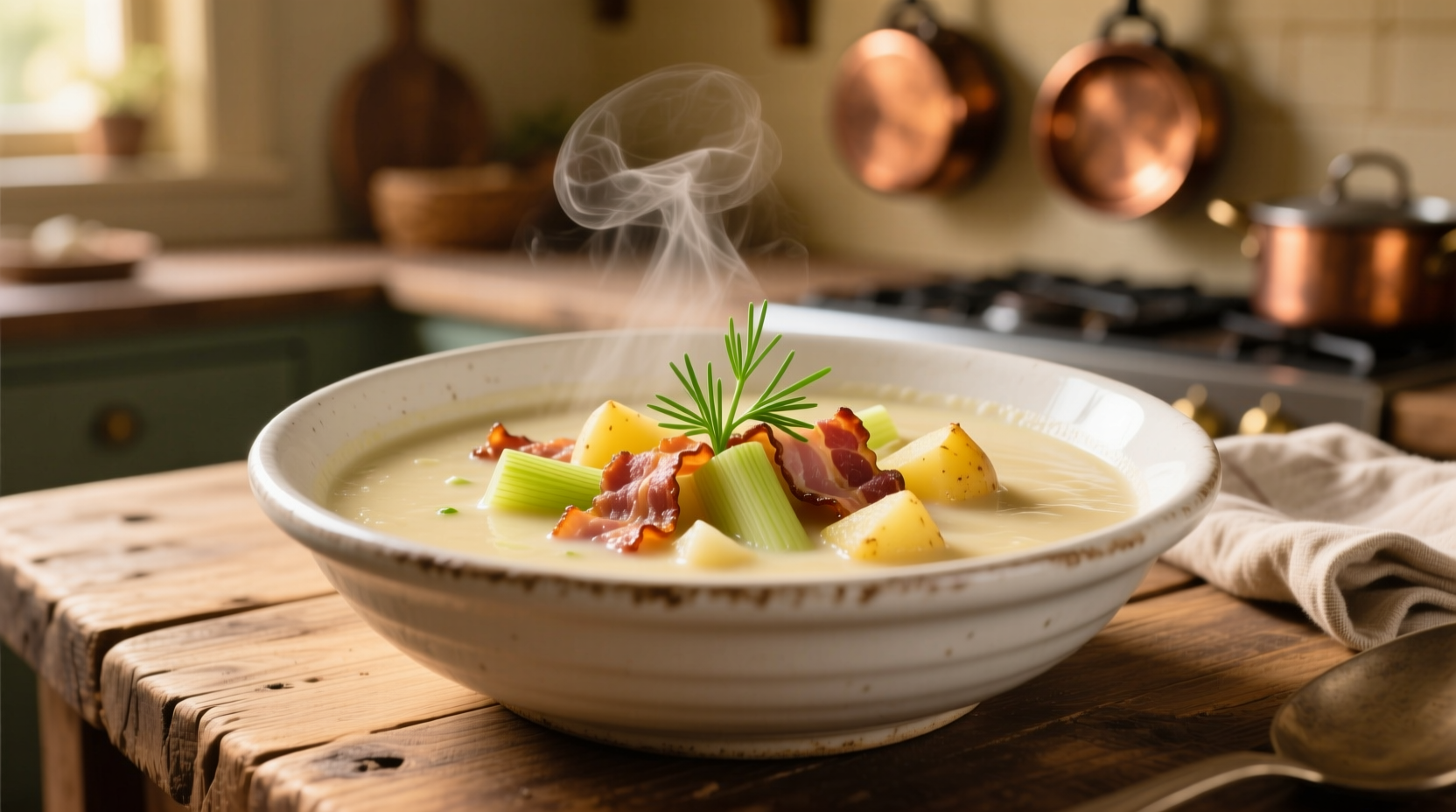 Creamy leek and potato bacon soup in white bowl