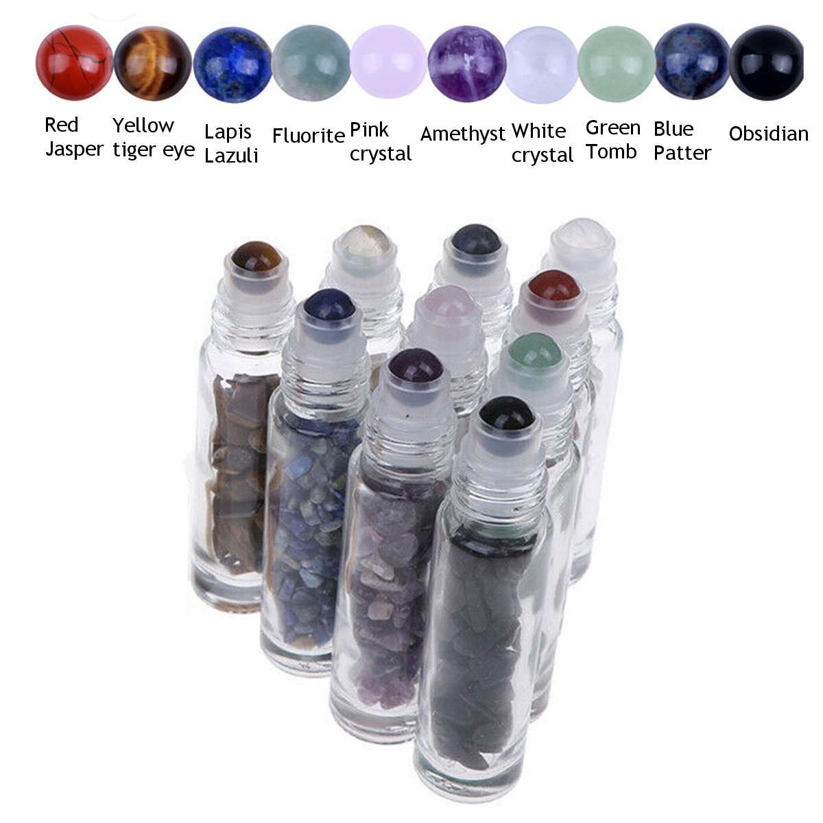 10ml Glass Roll On With Gemstone Essential Oil Roller Bottle With Bamboo Cap