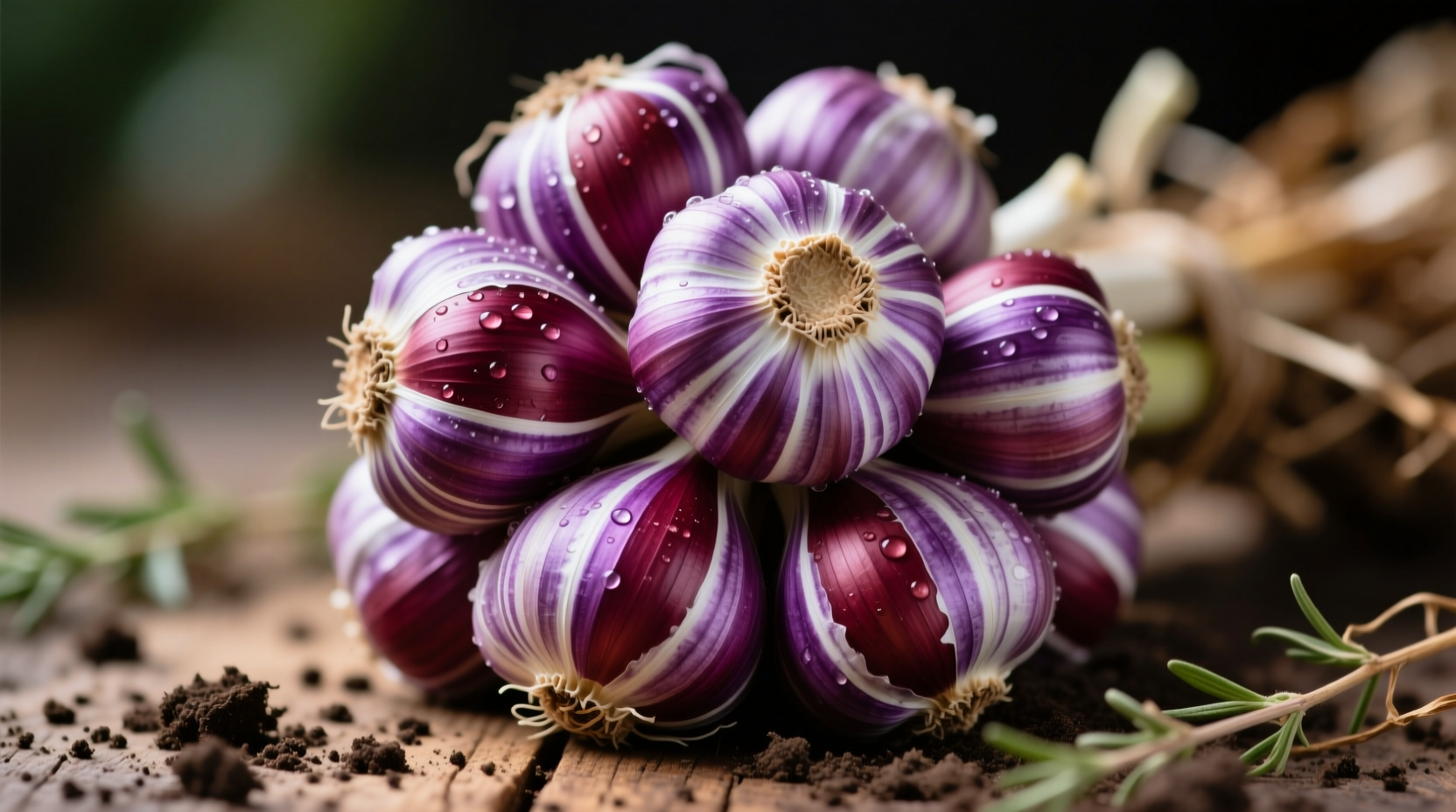 Chesnok Red garlic bulbs with purple striped wrappers