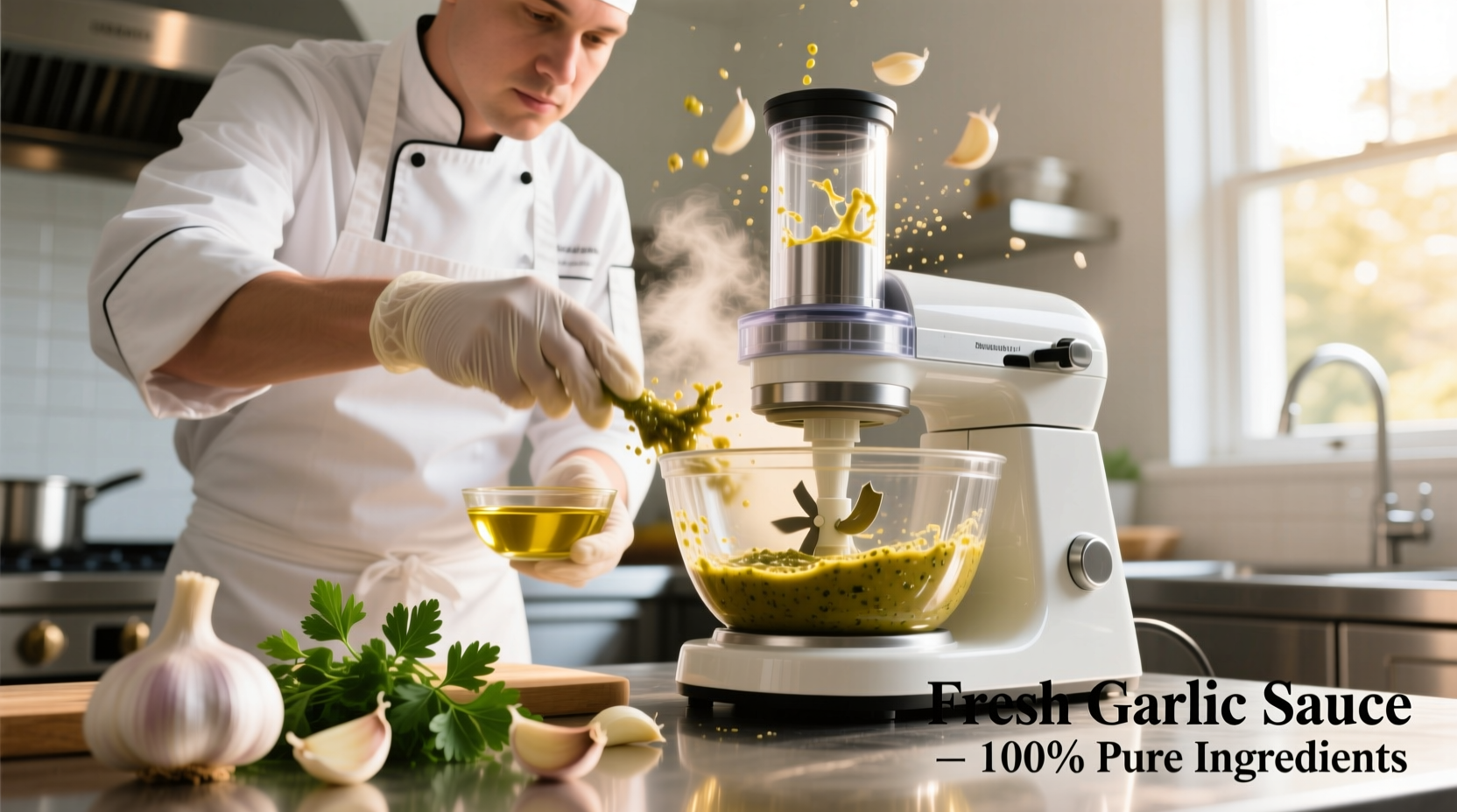 Chef preparing fresh garlic sauce in a food processor