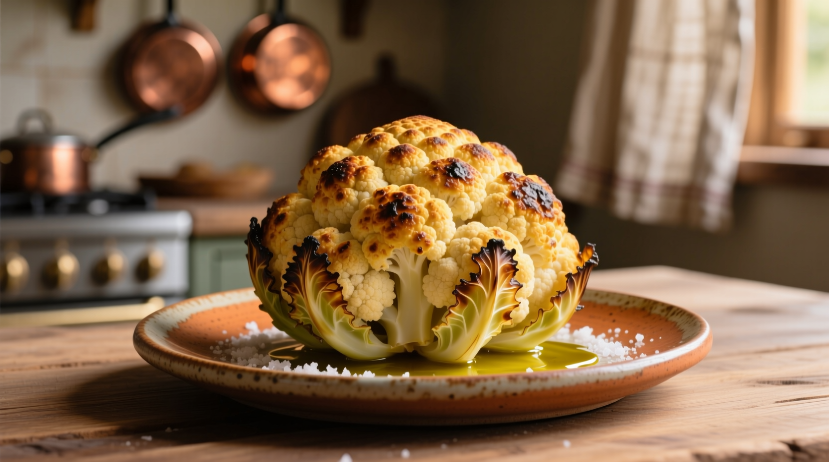 Golden brown whole baked cauliflower on ceramic platter