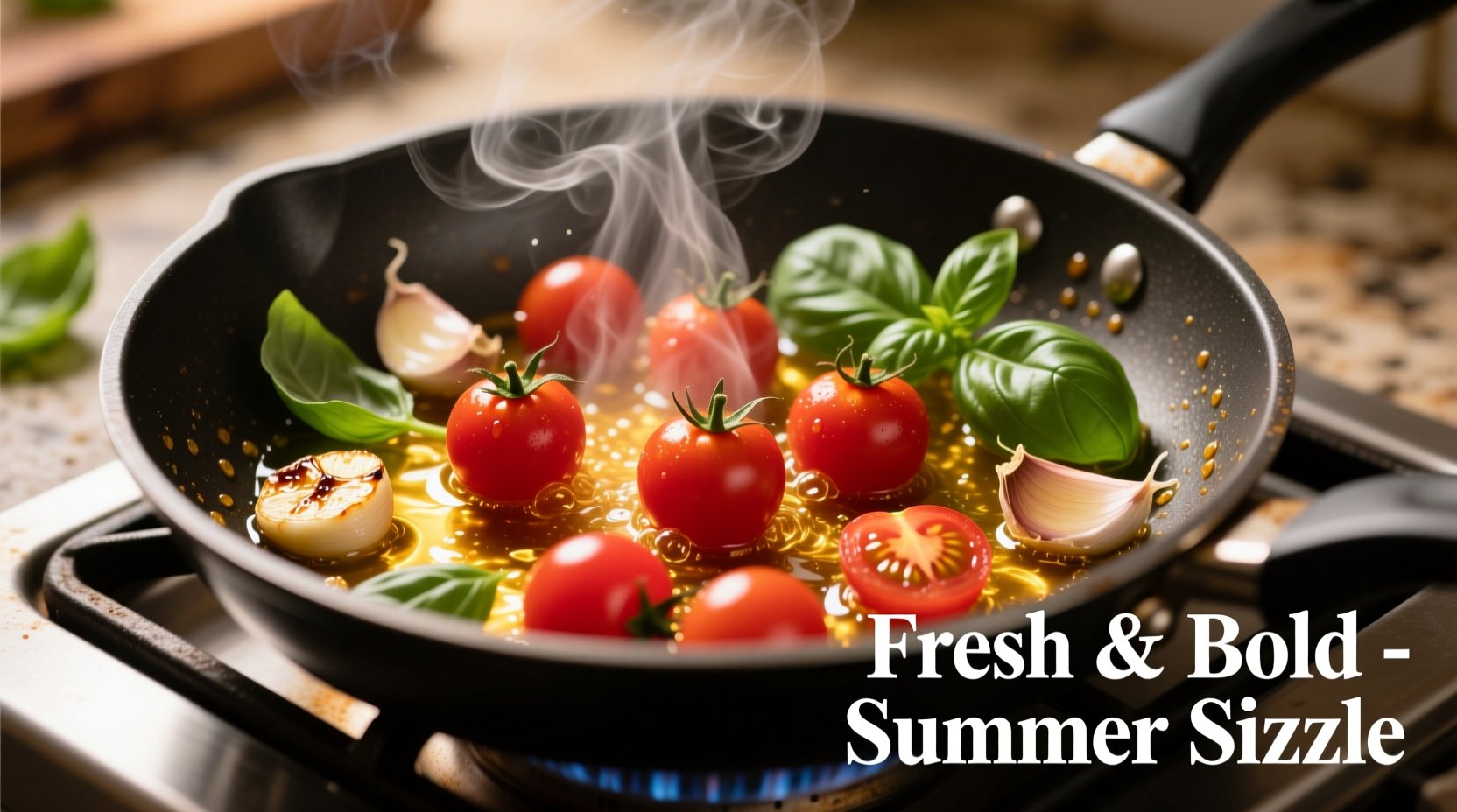 Fresh cherry tomatoes bursting in a skillet with garlic and basil