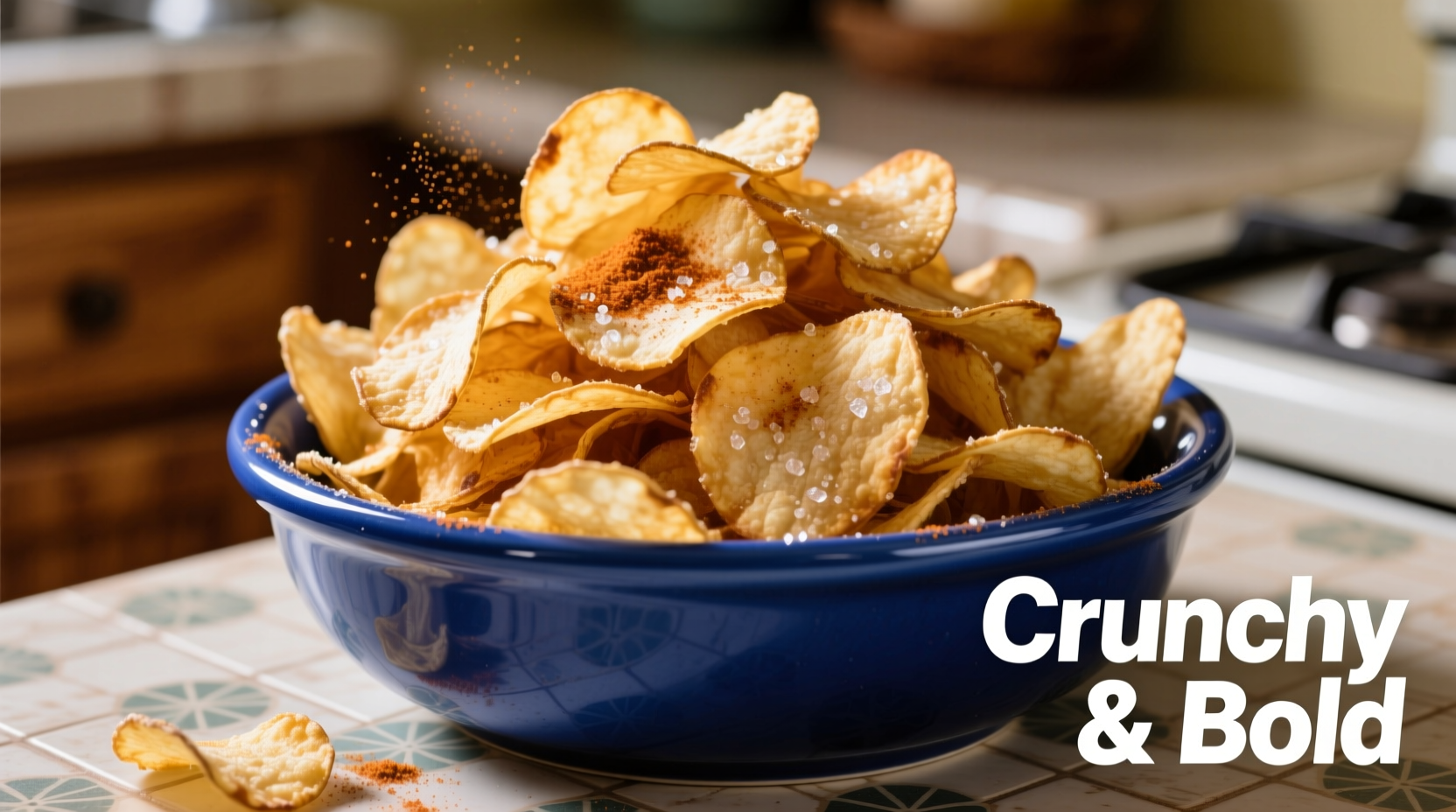 Crispy Old Bay potato chips in a blue bowl