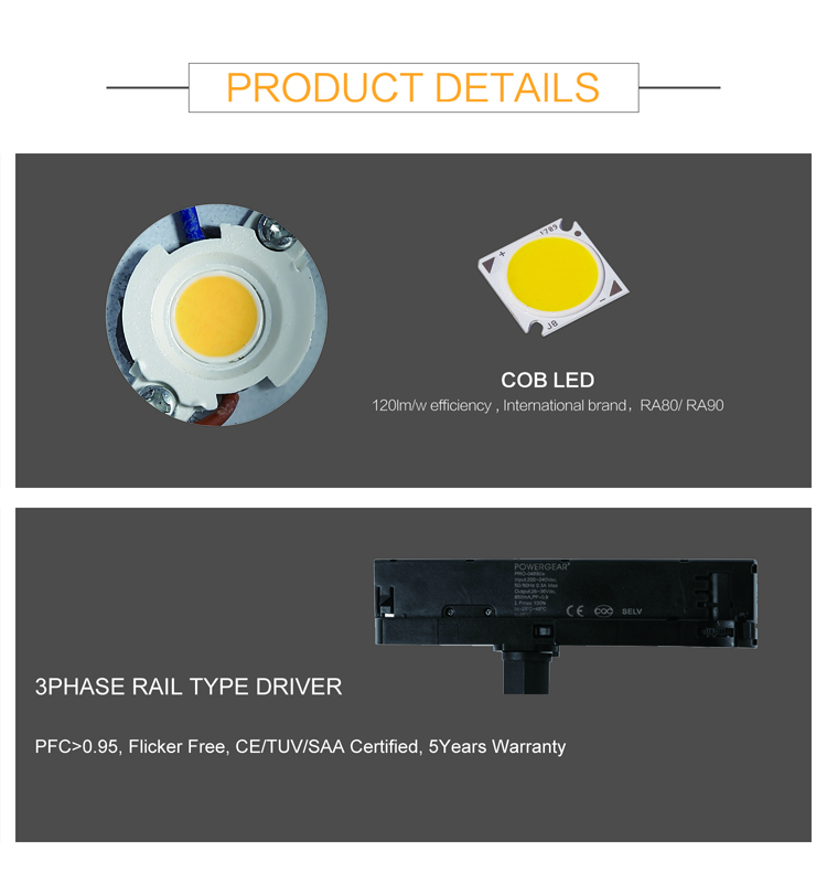 High Quality no flicker driver Dimming  Ra80 COB track Spot Light 30w 40w Track rail Lighting