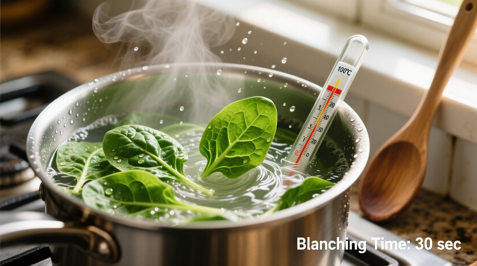 Fresh spinach blanching in boiling water