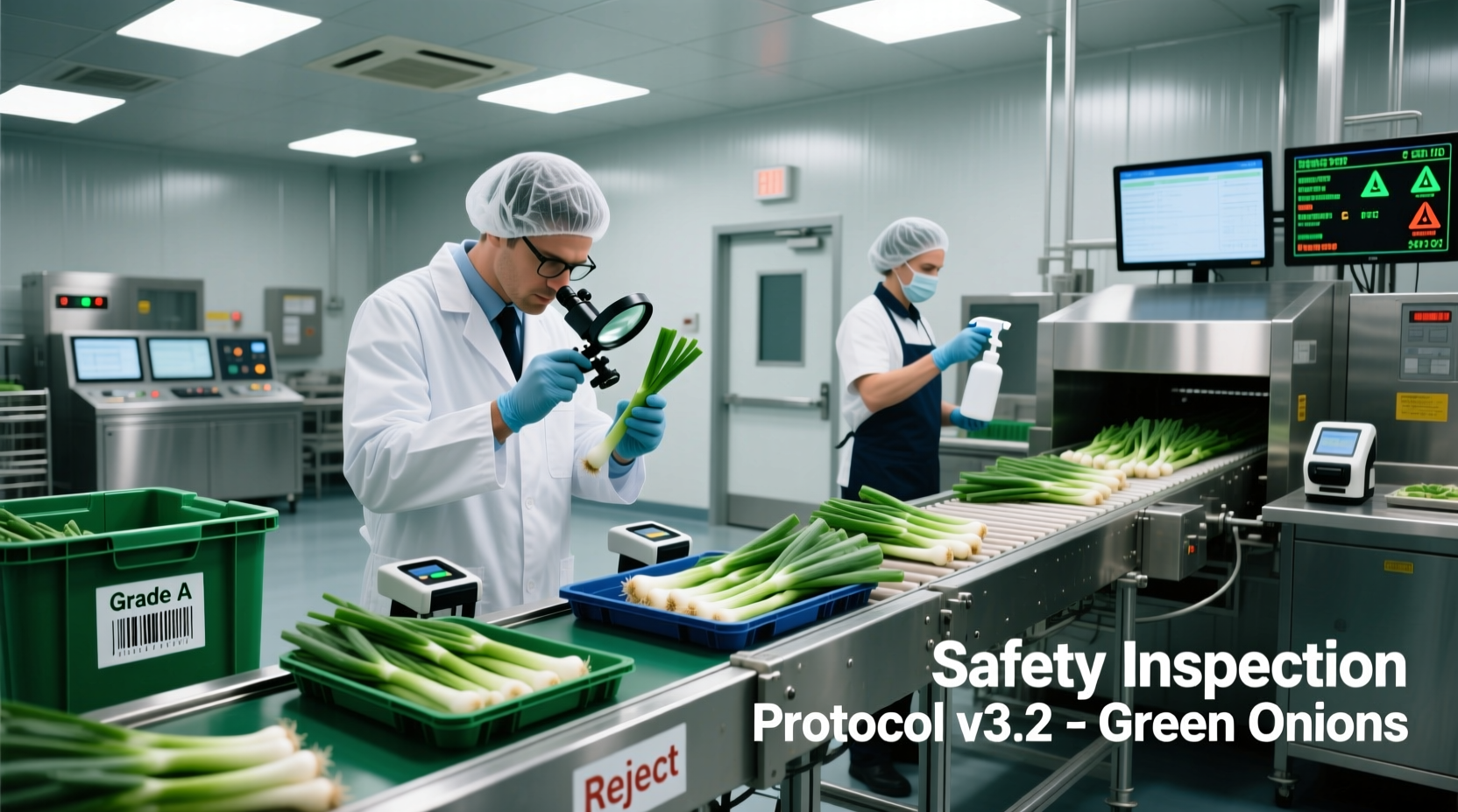 Green onion safety inspection process in food processing facility