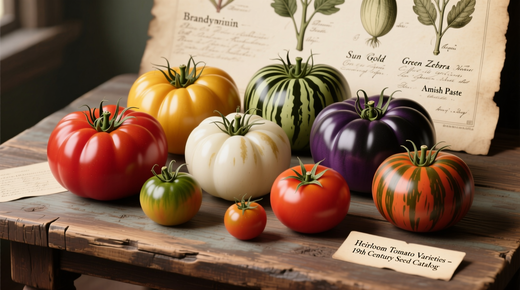 Historic tomato varieties in different colors and shapes