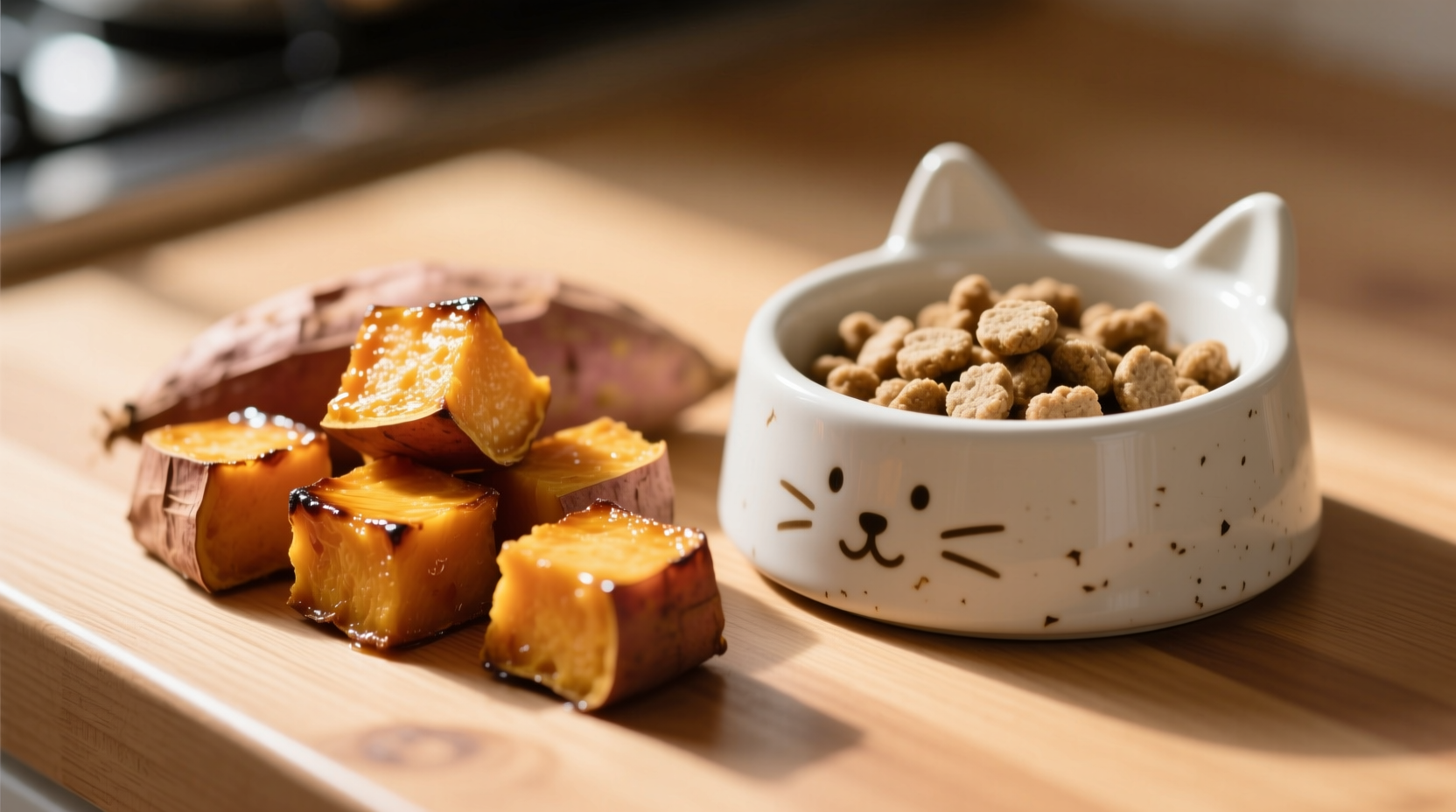 Cooked sweet potato cubes next to cat food bowl
