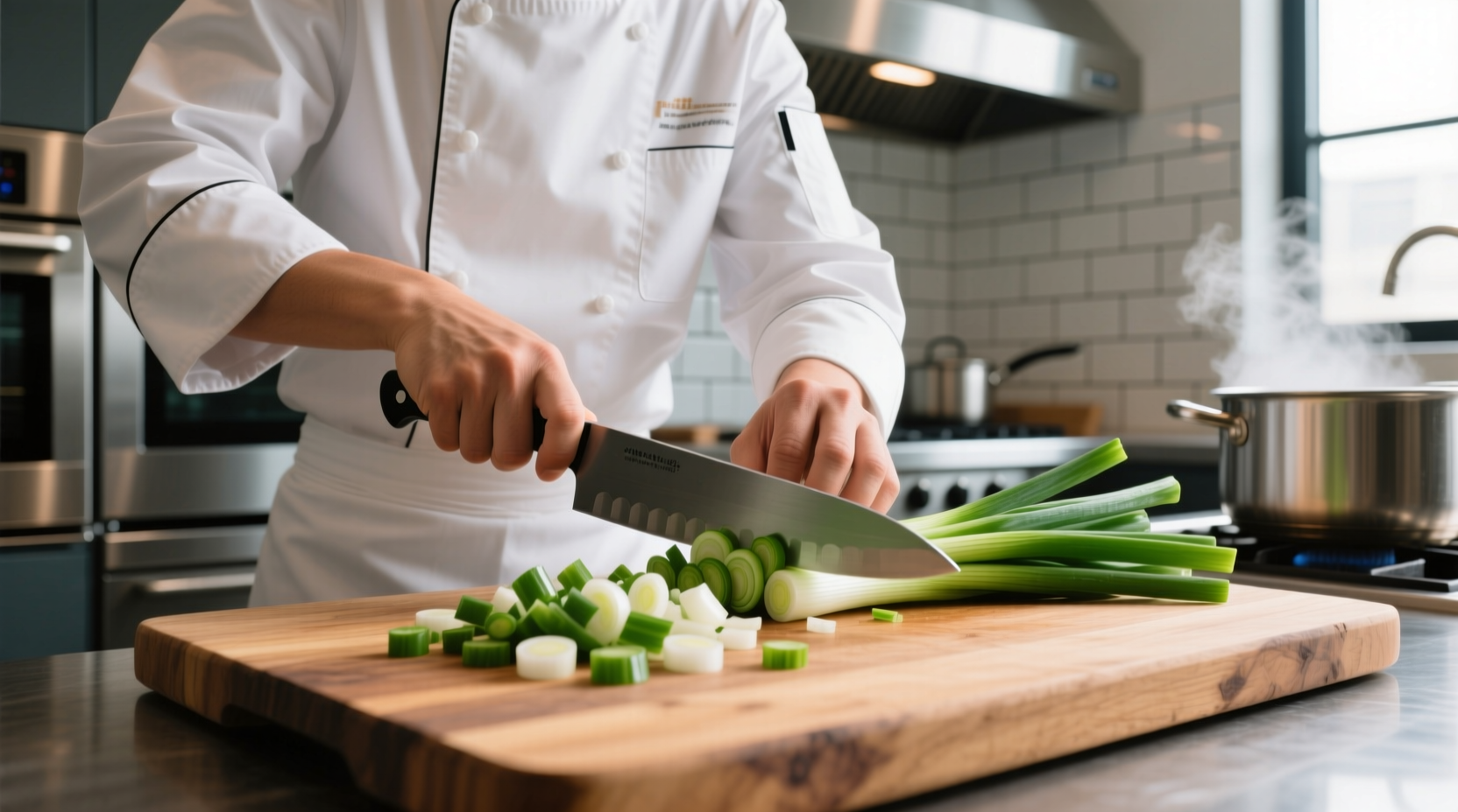 Professional chef slicing spring onions on cutting board