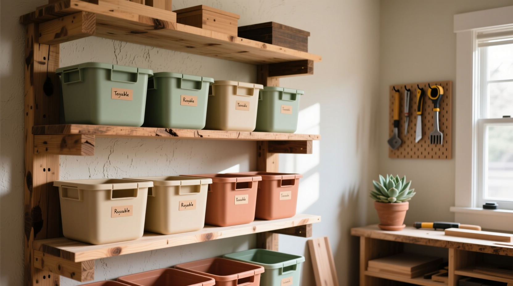 Handmade wooden storage shelves holding reusable plastic bins in a tidy home workshop