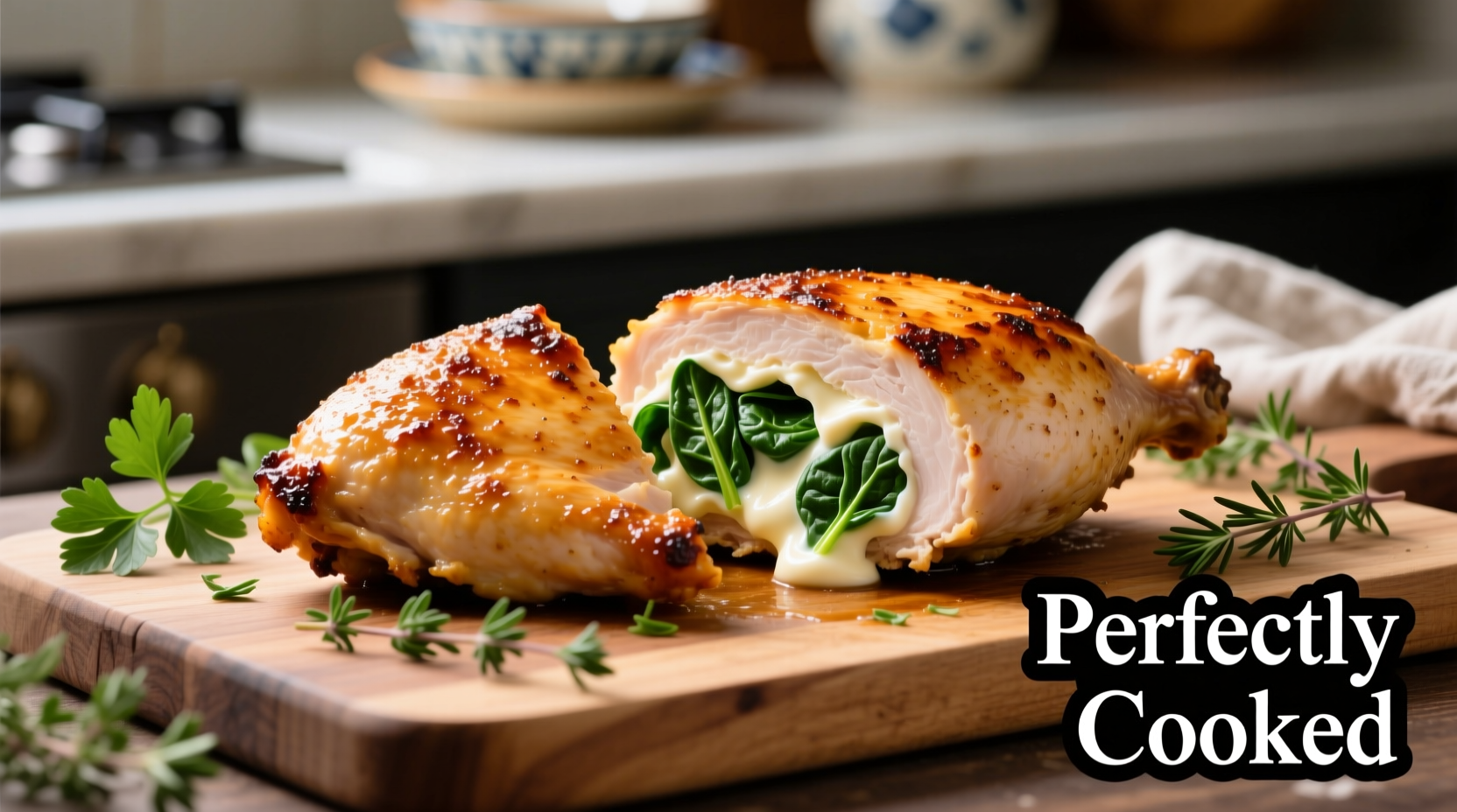 Perfectly cooked chicken breast stuffed with spinach and cream cheese