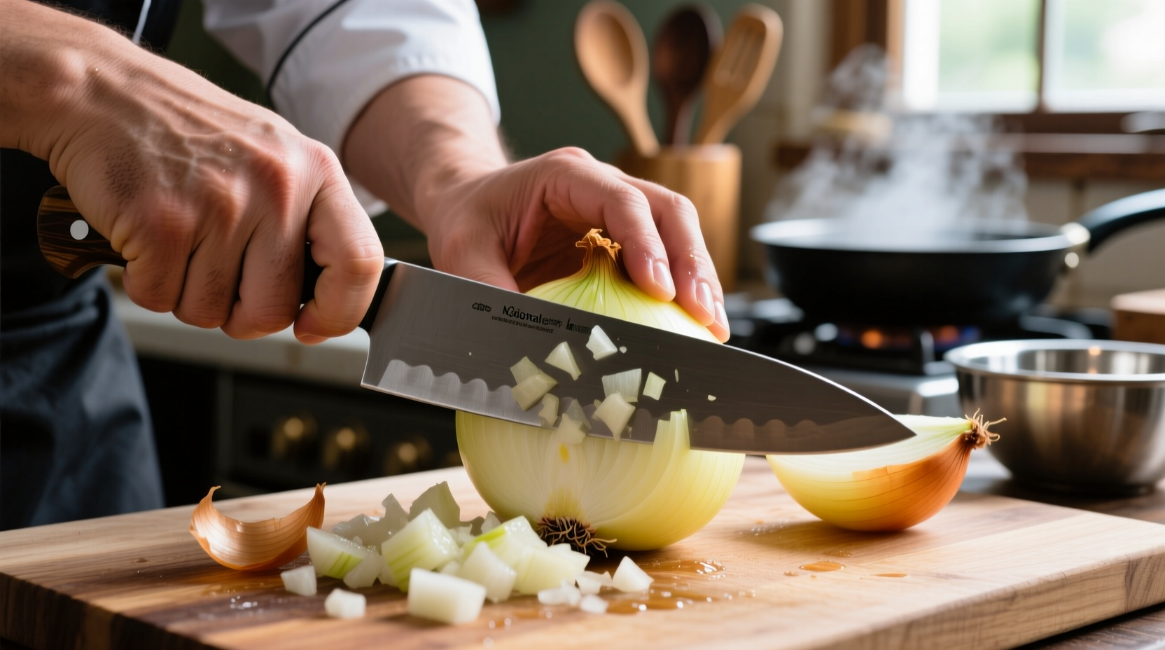 Chef's hands demonstrating coarse onion chopping technique