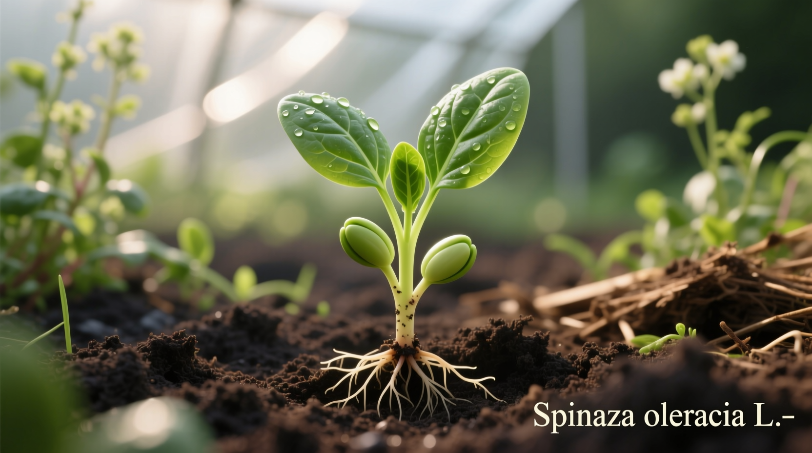 Spinach seedlings growing in garden soil