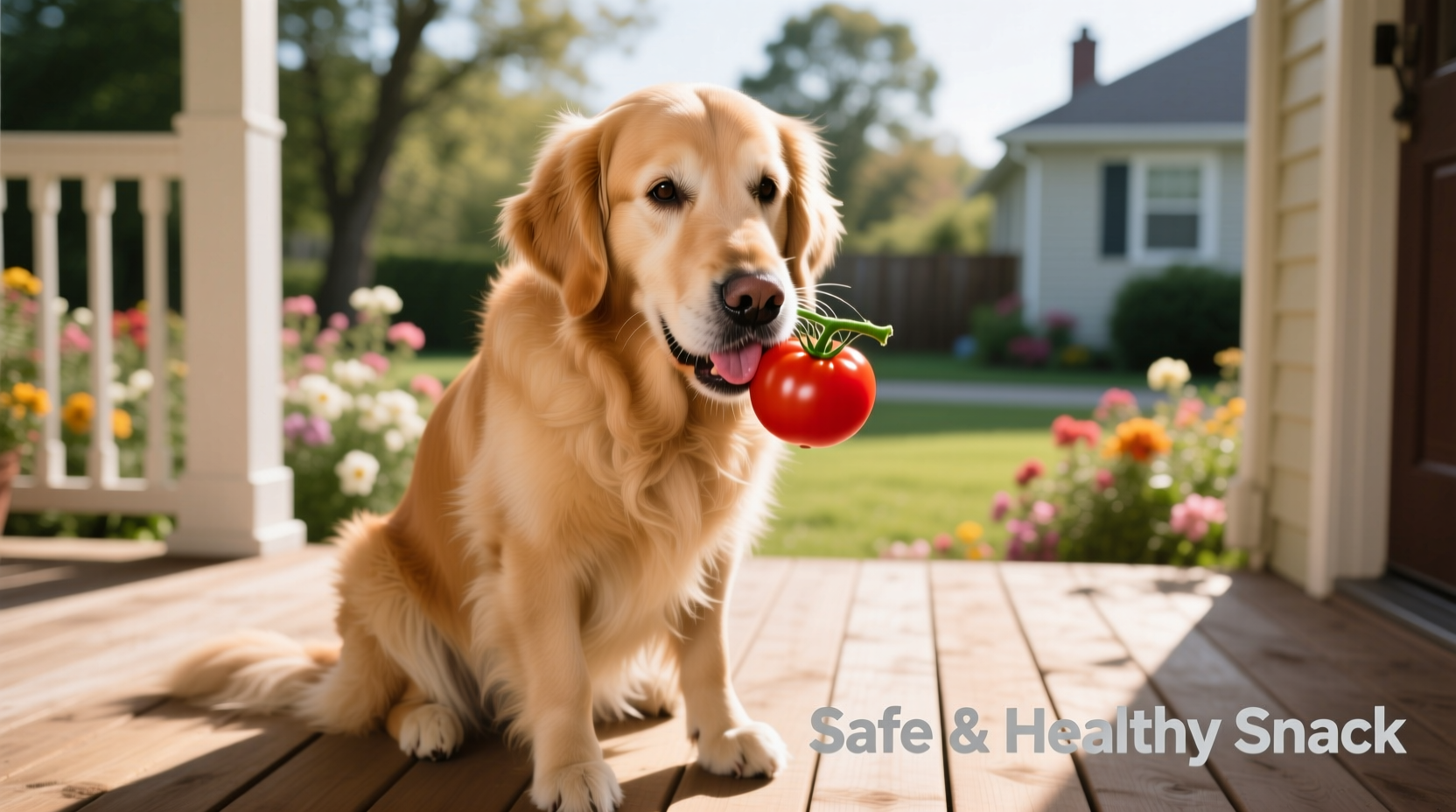 Dog safely eating small piece of ripe tomato