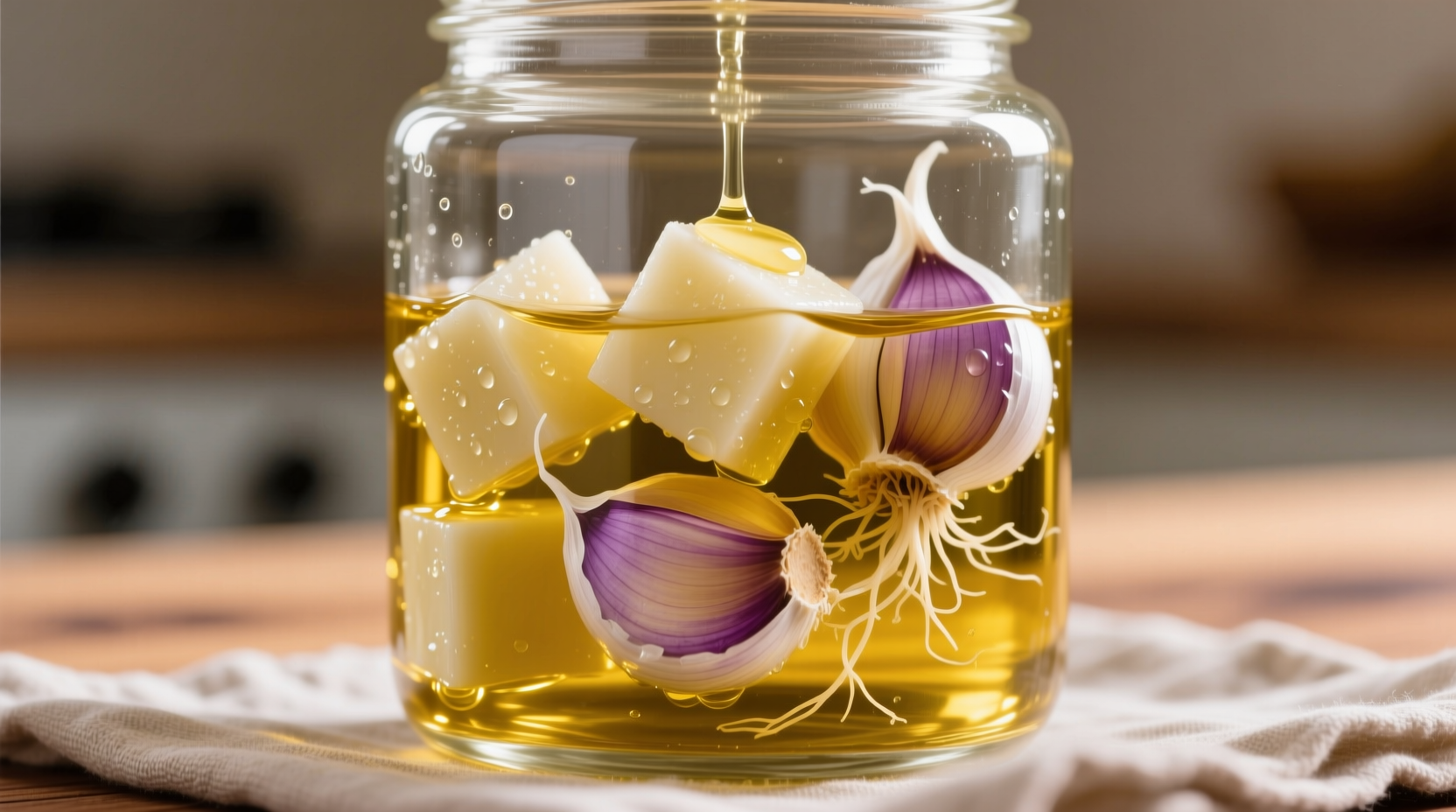 Dorot garlic cubes rehydrating in olive oil