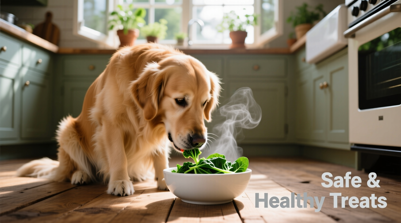 Golden Retriever safely eating small portion of cooked spinach