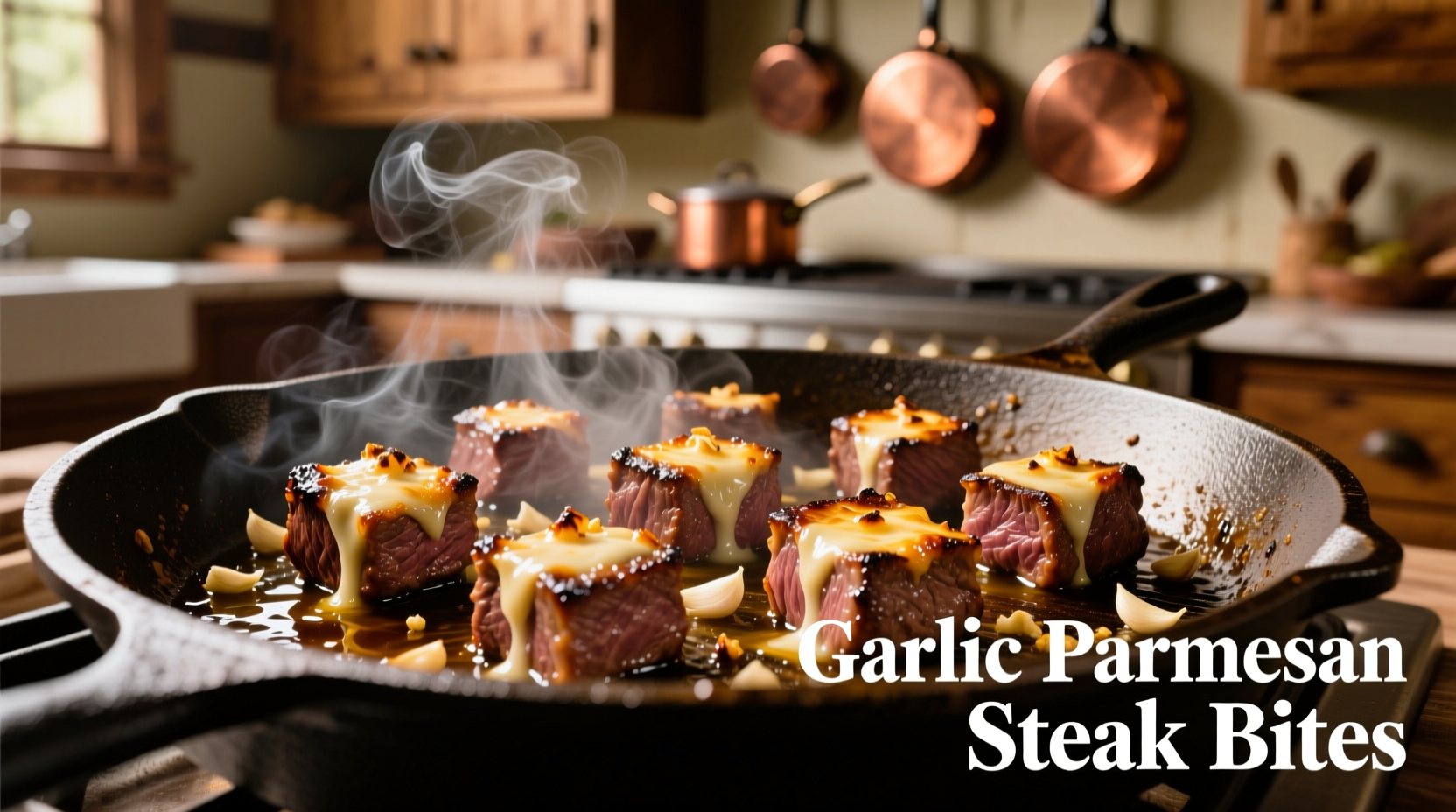 Sizzling garlic parmesan steak bites in cast iron skillet