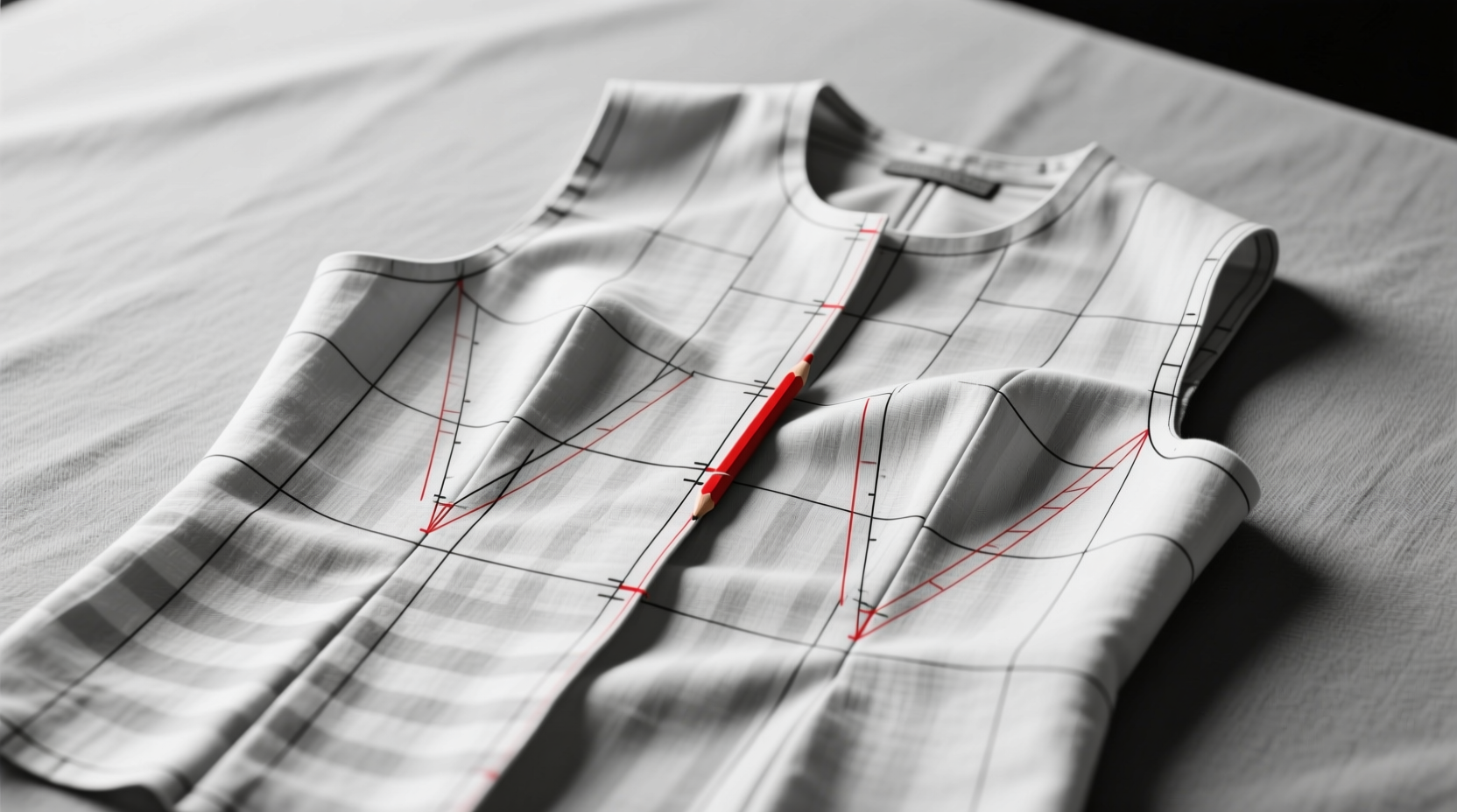 Close-up of common pattern errors: skewed grainlines, misplaced notches, and incorrect ease allowances on a muslin test garment