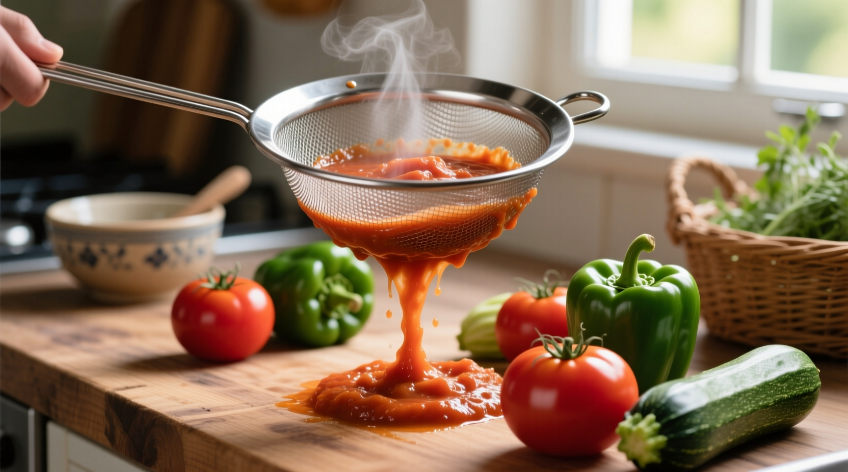 puree tomatoes and other veggies with a metal sieve