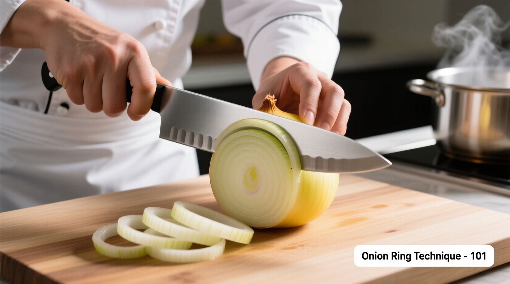 Chef demonstrating proper onion ring cutting technique with sharp knife