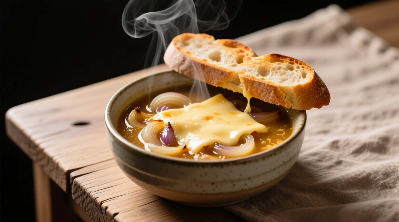 Finished French onion soup with melted Gruyère cheese and baguette topping in ceramic bowl