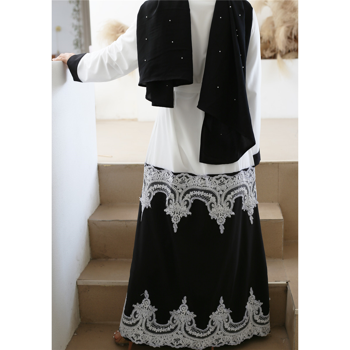 1566# Open lace abaya  muslim long dress - CHAOMENG MUSLIM SHOP