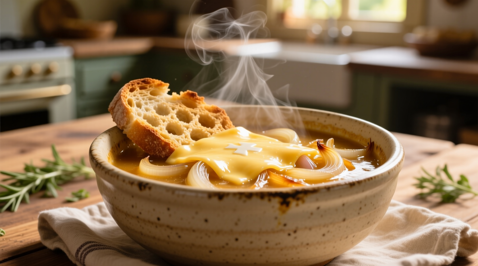 Golden vegetarian french onion soup in ceramic bowl