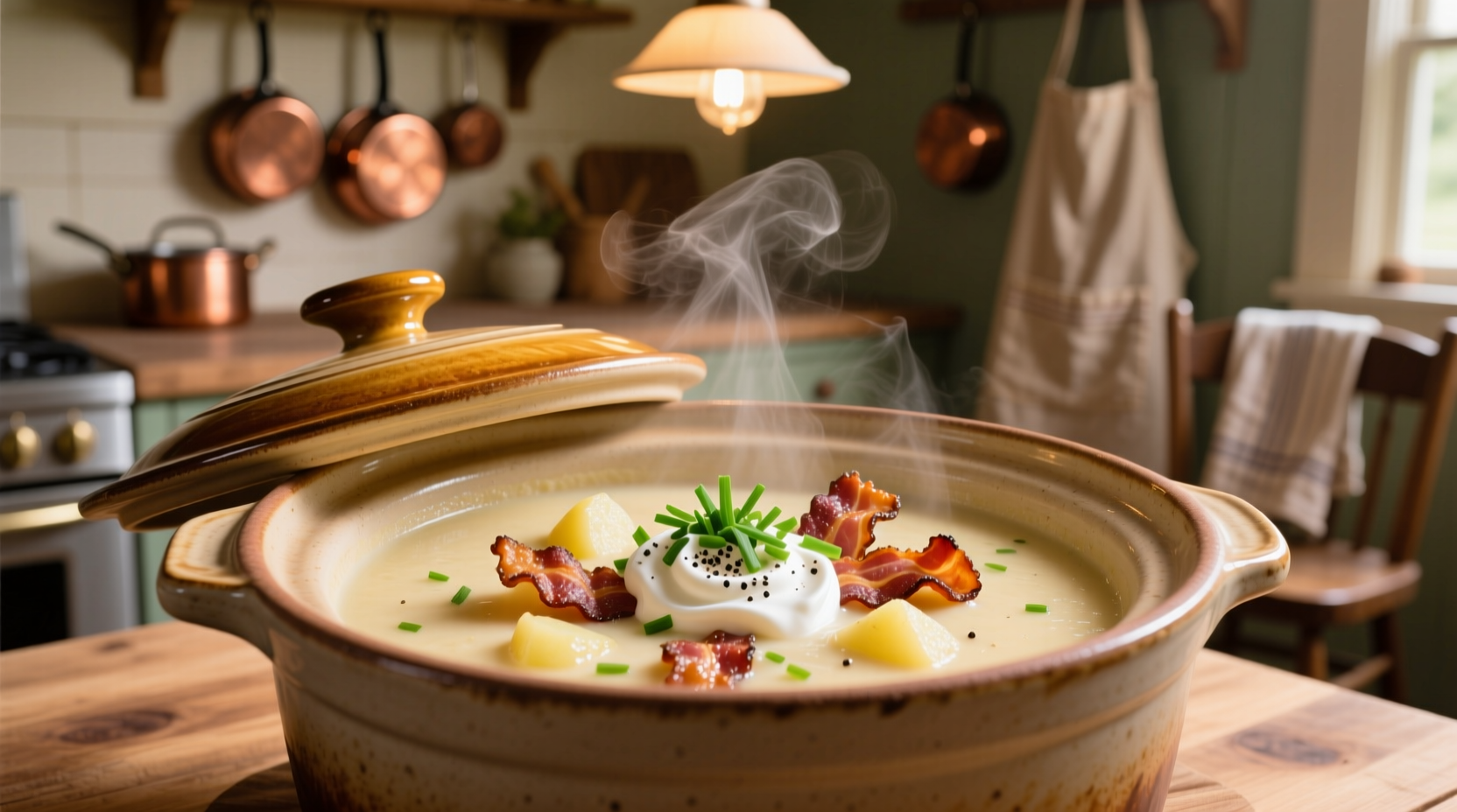 Creamy potato bacon soup in slow cooker with fresh garnish