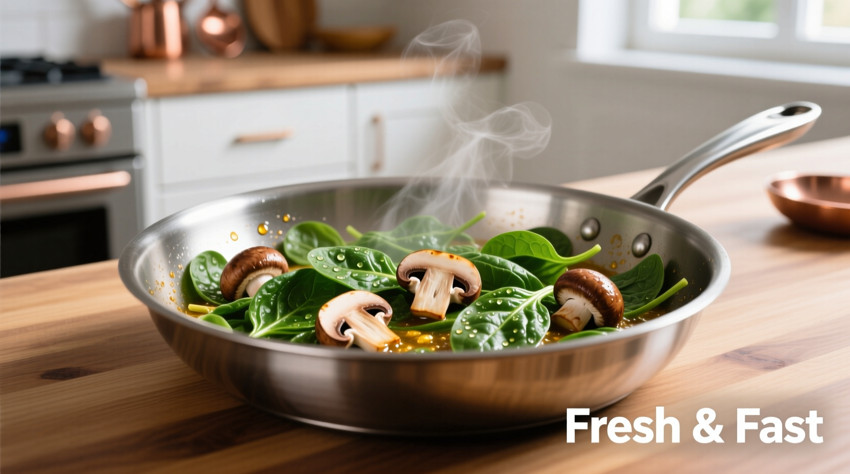 Spinach and mushrooms sautéing in stainless steel pan