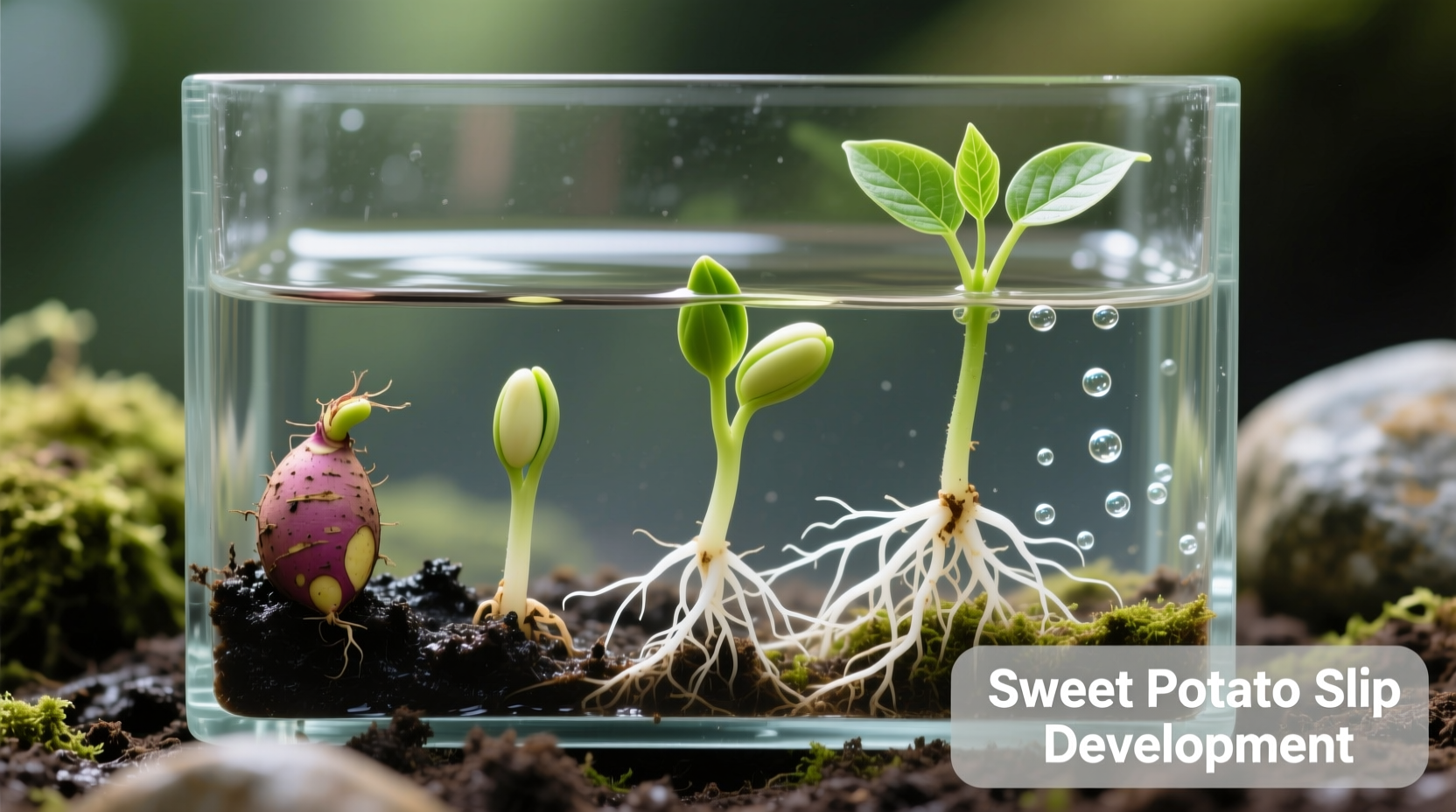 Sweet potato slip development stages in water