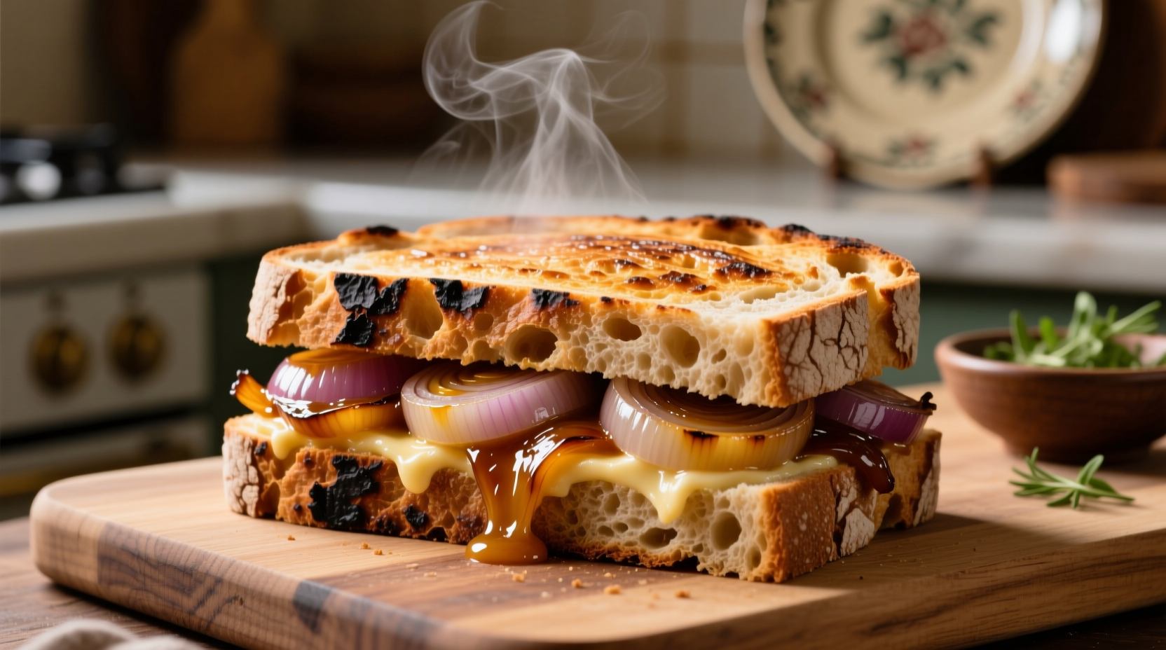 Freshly made onion sandwich with caramelized onions on artisan bread