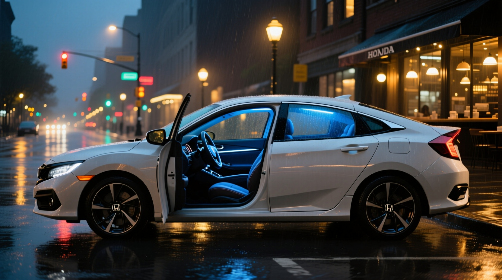 Honda Civic interior with ambient lighting glowing in blue