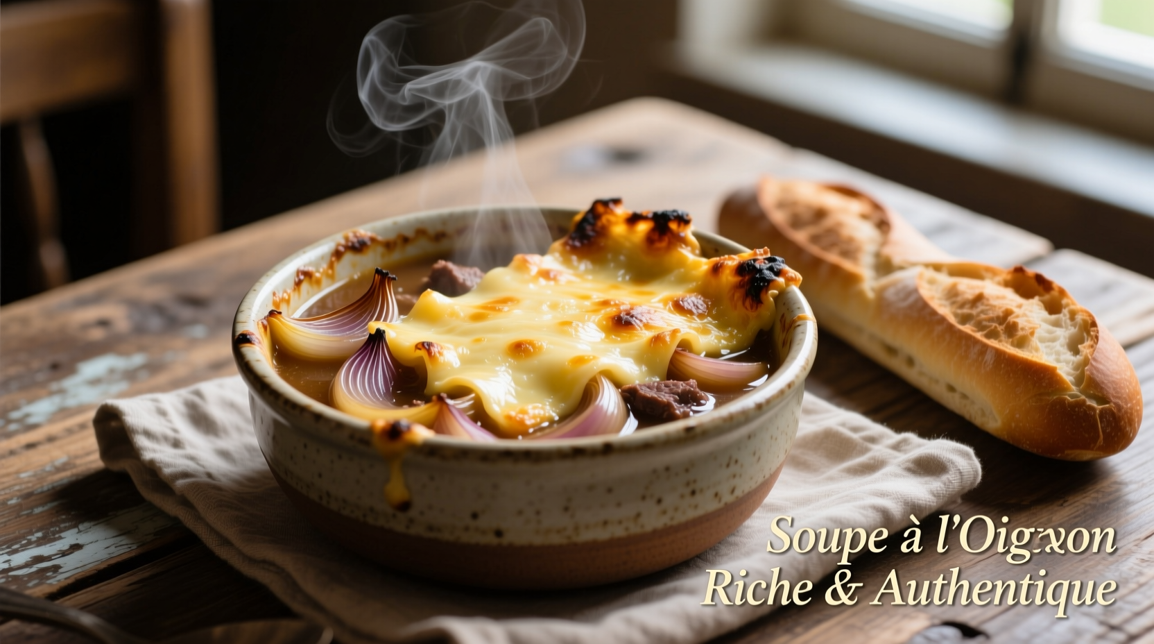 Authentic French onion soup in ceramic bowl with melted cheese