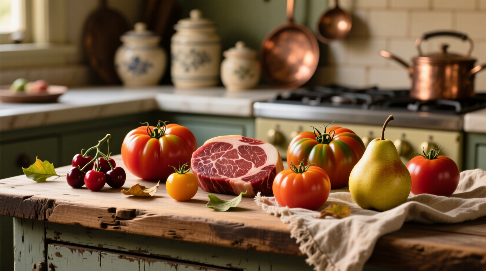 Tomato varieties arranged on wooden kitchen counter