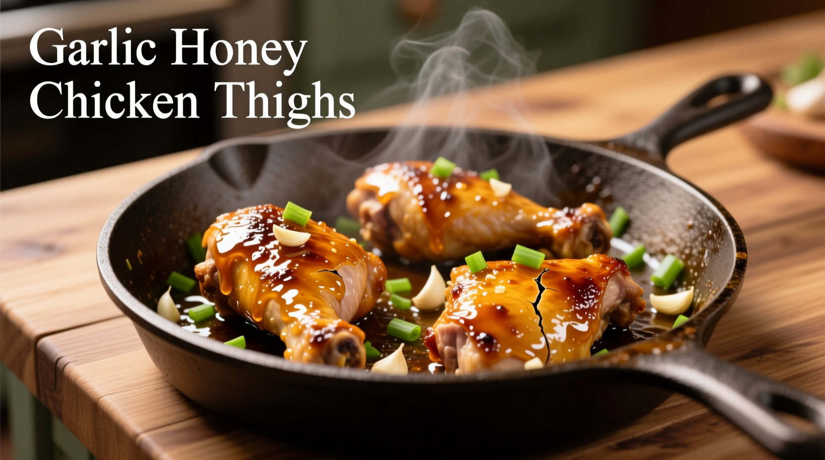 Golden brown garlic honey chicken thighs on cast iron skillet