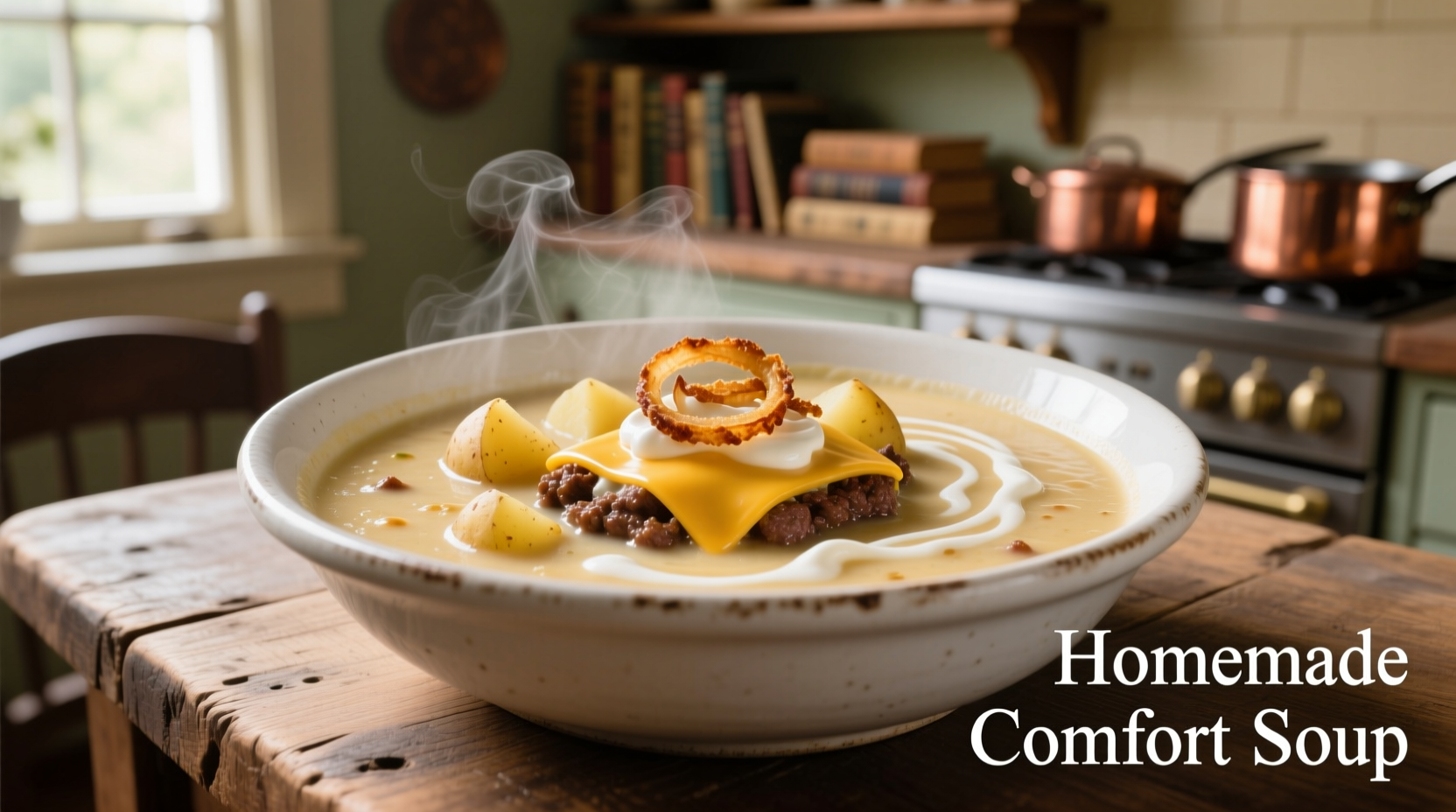 Creamy potato cheese hamburger soup in white bowl