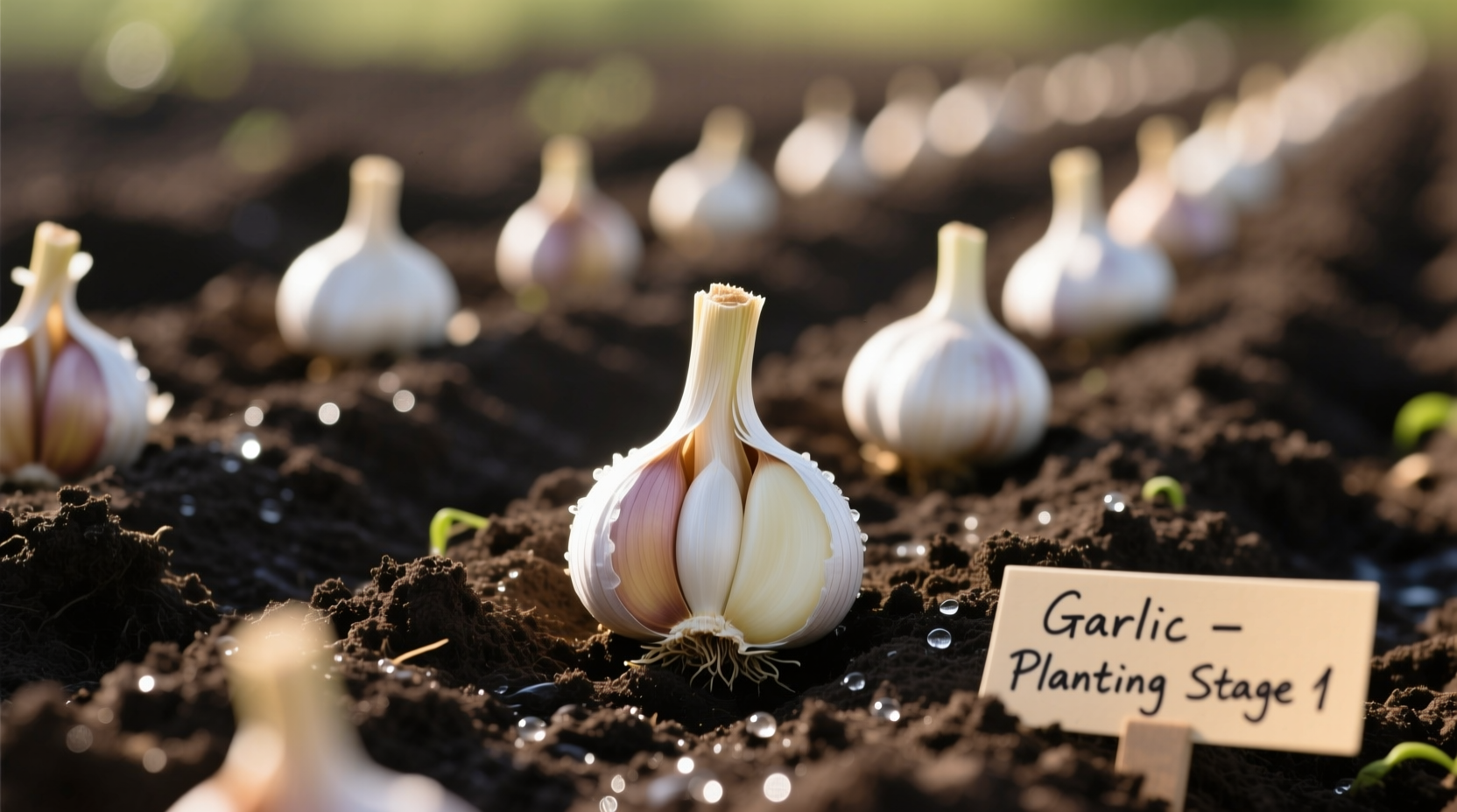 Garlic cloves planted in soil with proper spacing