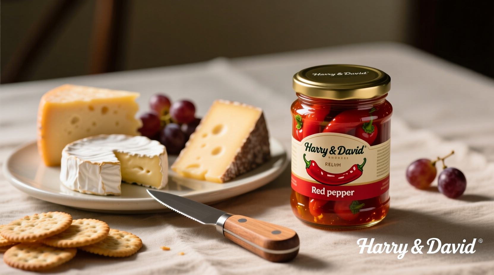 Jar of Harry and David red pepper relish next to cheese platter